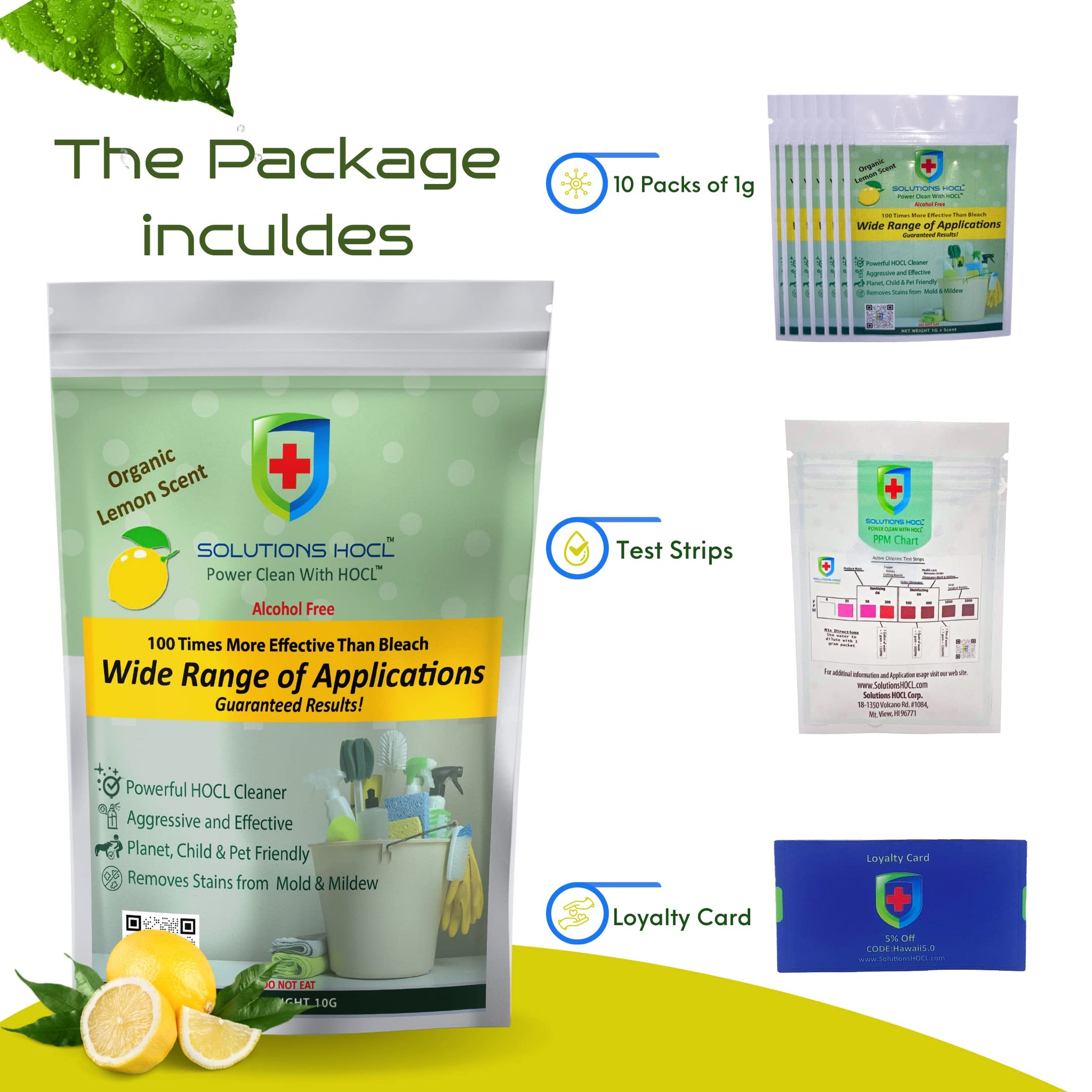 Solution HOCL Powder 10 one gram Individually Packaged Single use packets - (10 grams of total active ingredients) One Gram Packet Makes 1 Gallon (128
