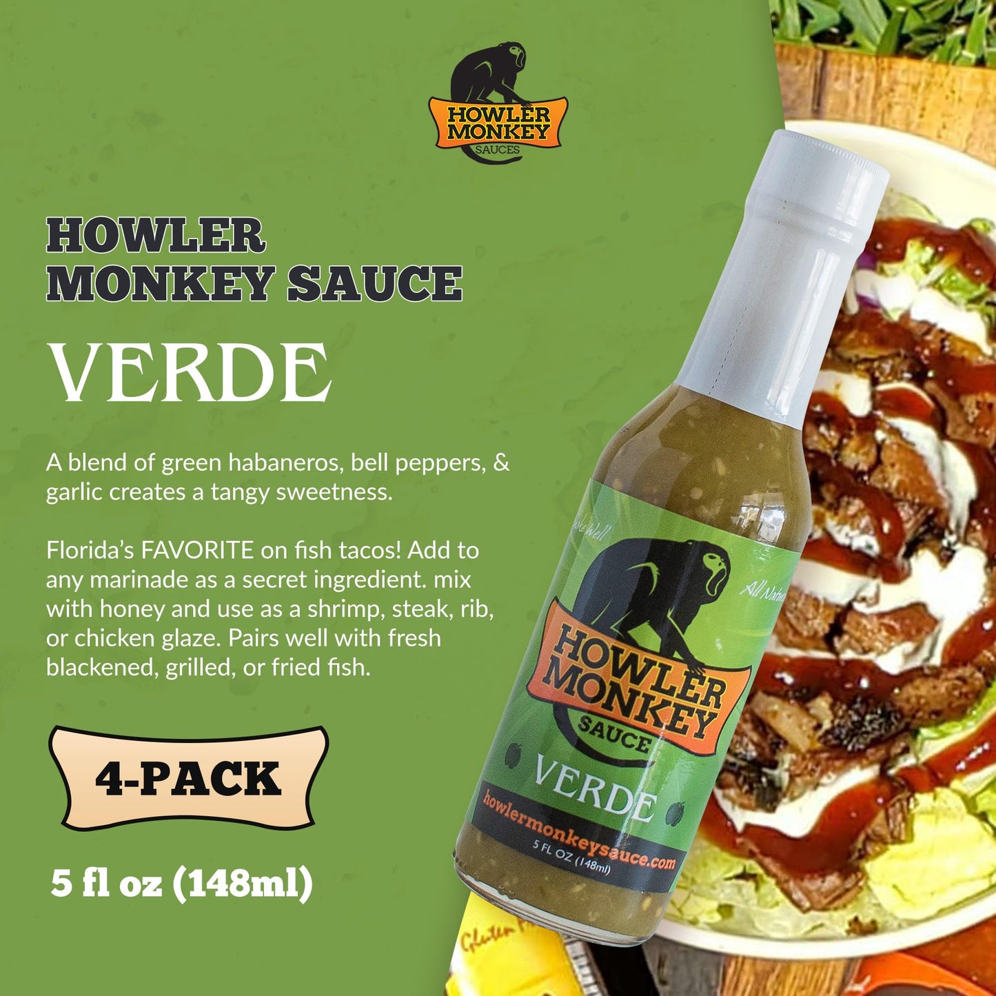 Howler Monkey Sauce - Verde Hot Sauce - 5 Fl Oz (Pack of 4)
