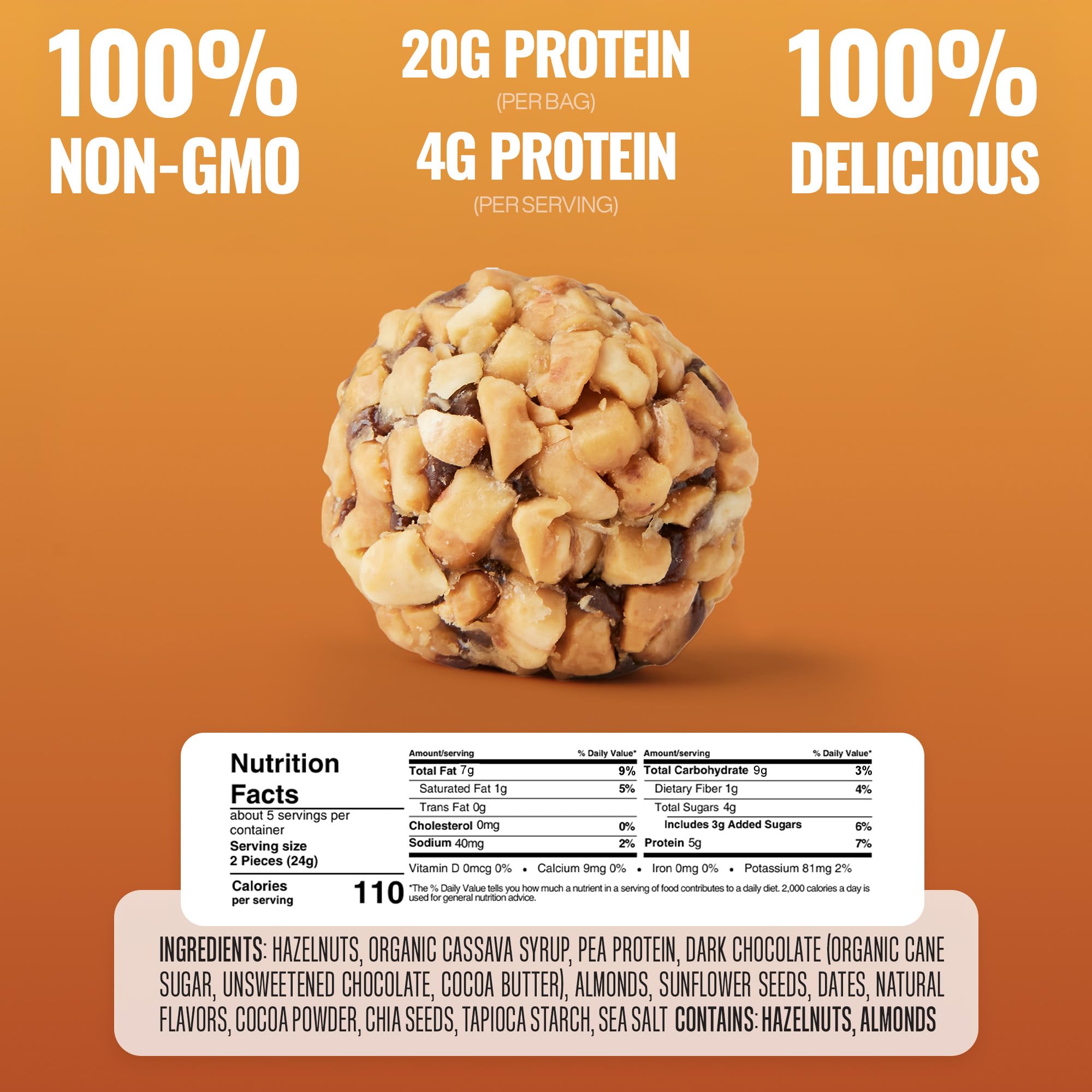 The GFB Dark Chocolate Hazelnut Protein Bites - Gluten Free, Plant Based, Non GMO, Sustainably Made - Ridiculously Tasty, Healthy, Vegan, Protein