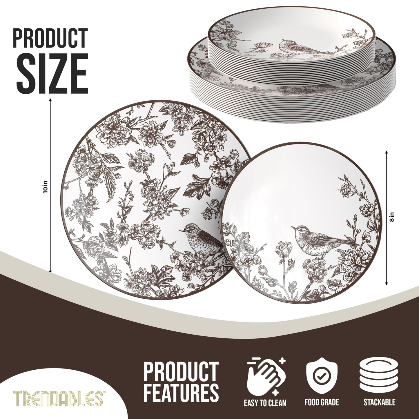 Trendables Disposable Dinnerware Sets Vintage Plates Plastic Disposable Plates Set For 20 Guests 20 x 8 Inch Dessert Plate & 20 x 10 Inch Wedding