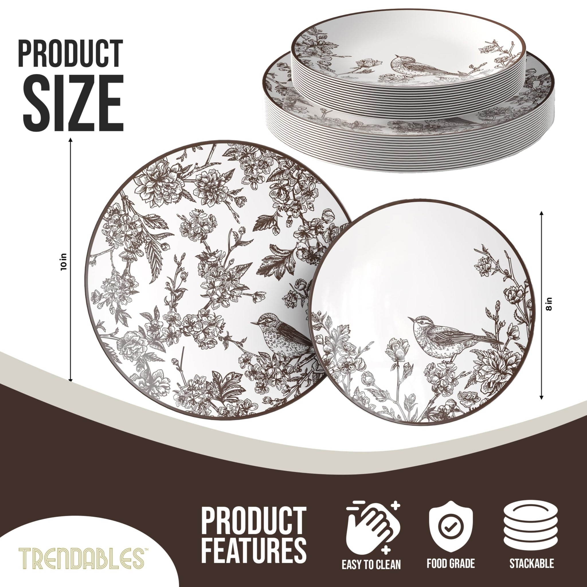 Trendables Disposable Dinnerware Sets Vintage Plates Plastic Disposable Plates Set For 20 Guests 20 x 8 Inch Dessert Plate & 20 x 10 Inch Wedding
