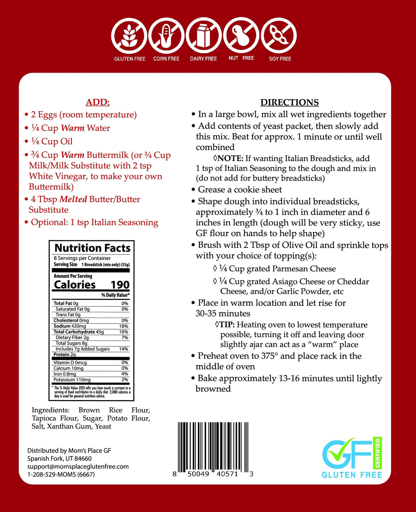 Mom's Place Gluten-Free Buttery Breadsticks Mix, Easy to Make, Nut Free, Dairy Free, Soy Free, Makes 8-12 Breadsticks, 15.5 oz