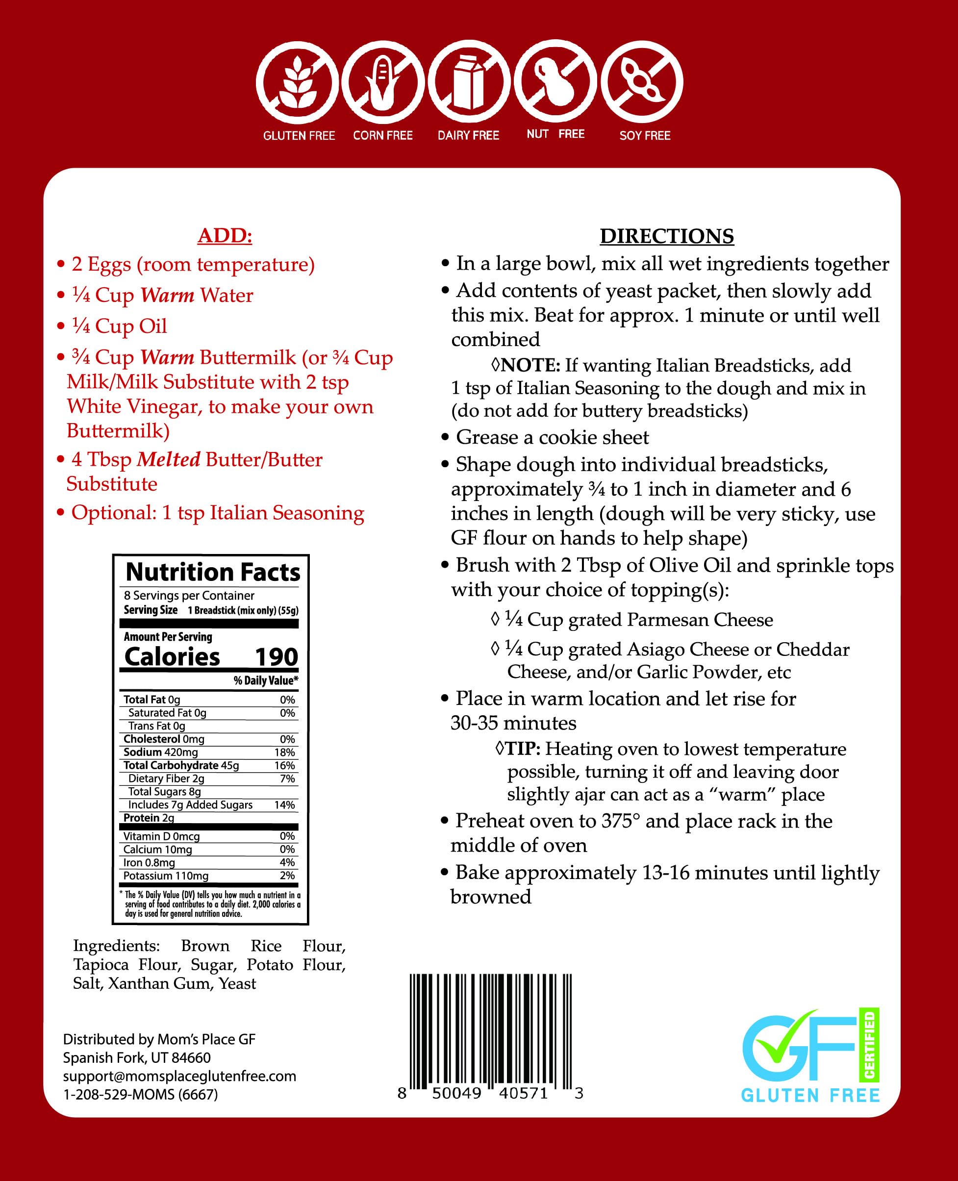 Mom's Place Gluten-Free Buttery Breadsticks Mix, Easy to Make, Nut Free, Dairy Free, Soy Free, Makes 8-12 Breadsticks, 15.5 oz