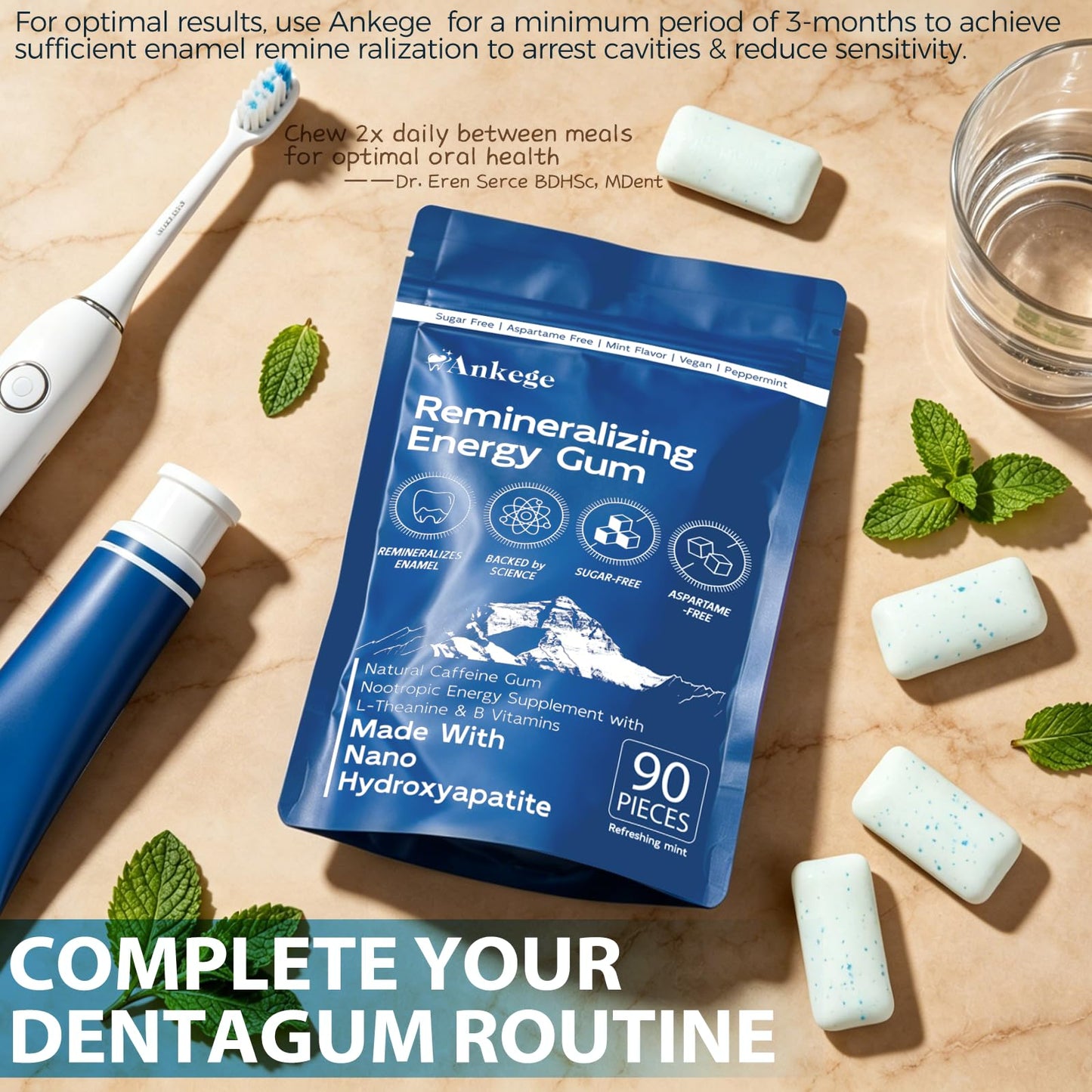 90 Pieces Remineralizing Gum & Energy Gum, with Nano-Hydroxyapatite & Xylitol, SugarFree Chewing Gum for Enamel Repair, Cavity Protection & Receding