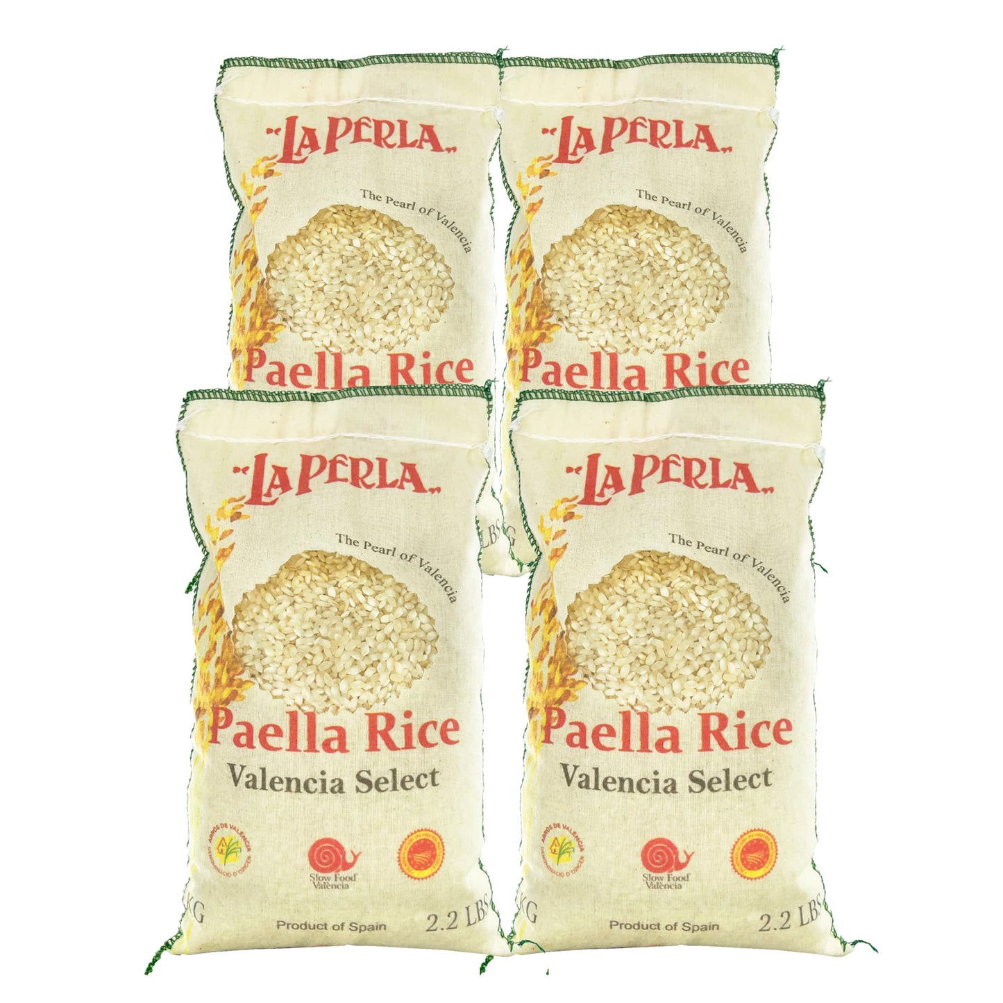 La Perla | Paella Rice | Valencia Select | Denomination of Origin Valencia Spain | Slow Food Valencia Certified | Ideal For All Mediterranean Rice Dishes | 2.2 lbs (1 kg) | (Pack of 4)