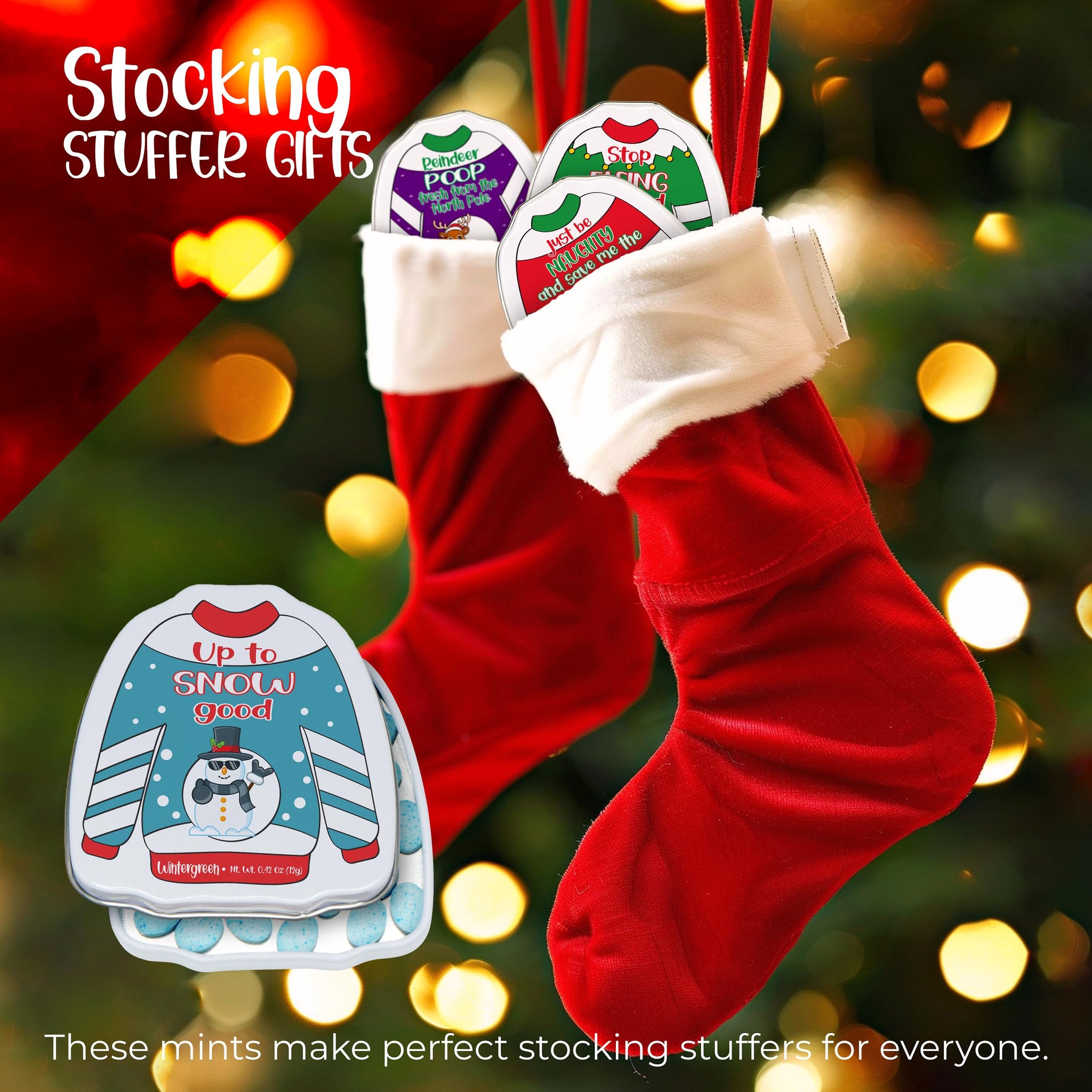 4E's Novelty Humorous "Christmas Poop" Candy Breath Mint Tins, 4 Pack Ugly Sweater Tins Funny Christmas Candy Stocking Stuffer for Kids Teens Adults
