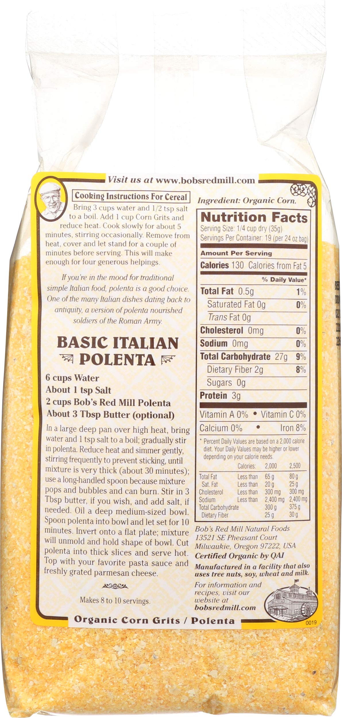 Bobs Red Mill 19490 Organic Polenta Corn Grits, 24 Oz