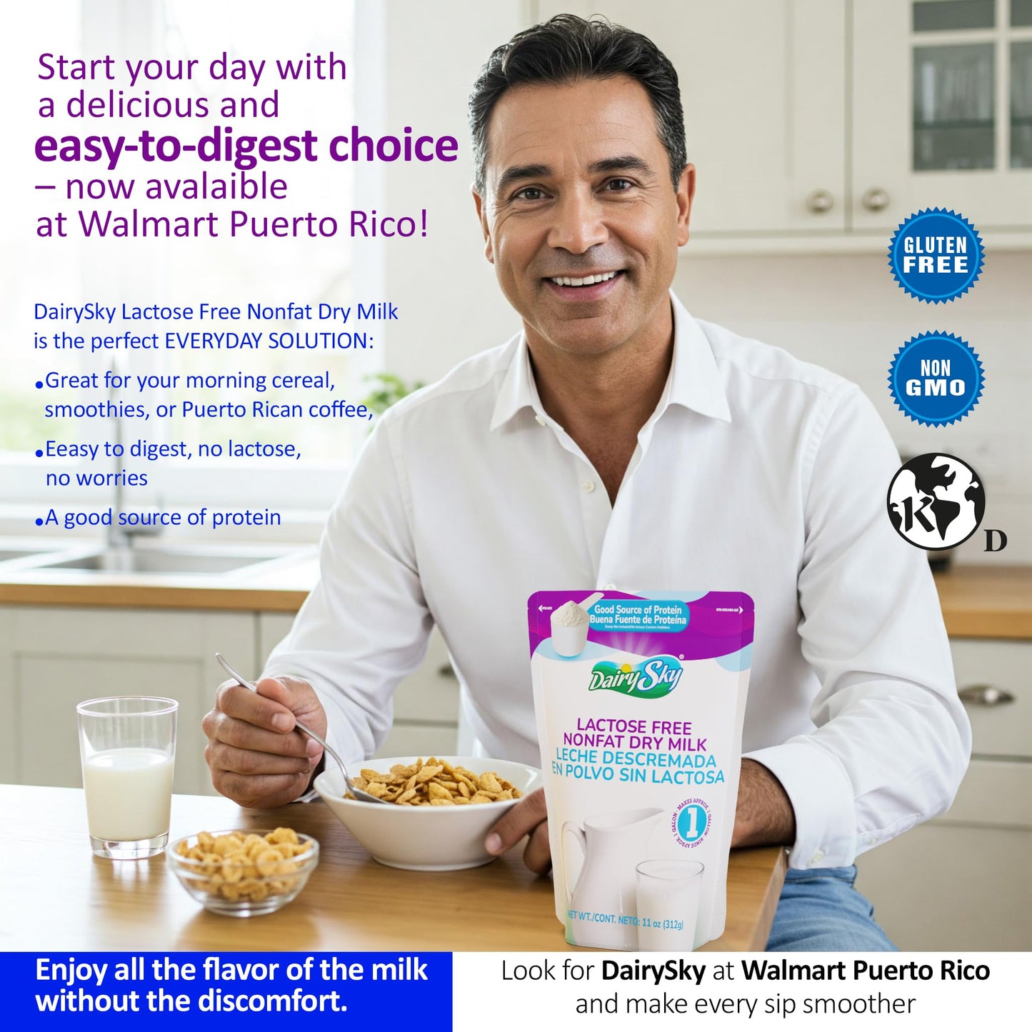 DairySky Lactose Free Milk Powder 11 Oz - Non GMO Fat Free Powdered Milk for Baking & Coffee, Kosher with Protein & Calcium, Great Substitute for Liquid Milk, RBST Hormone - Free - 1 Pack