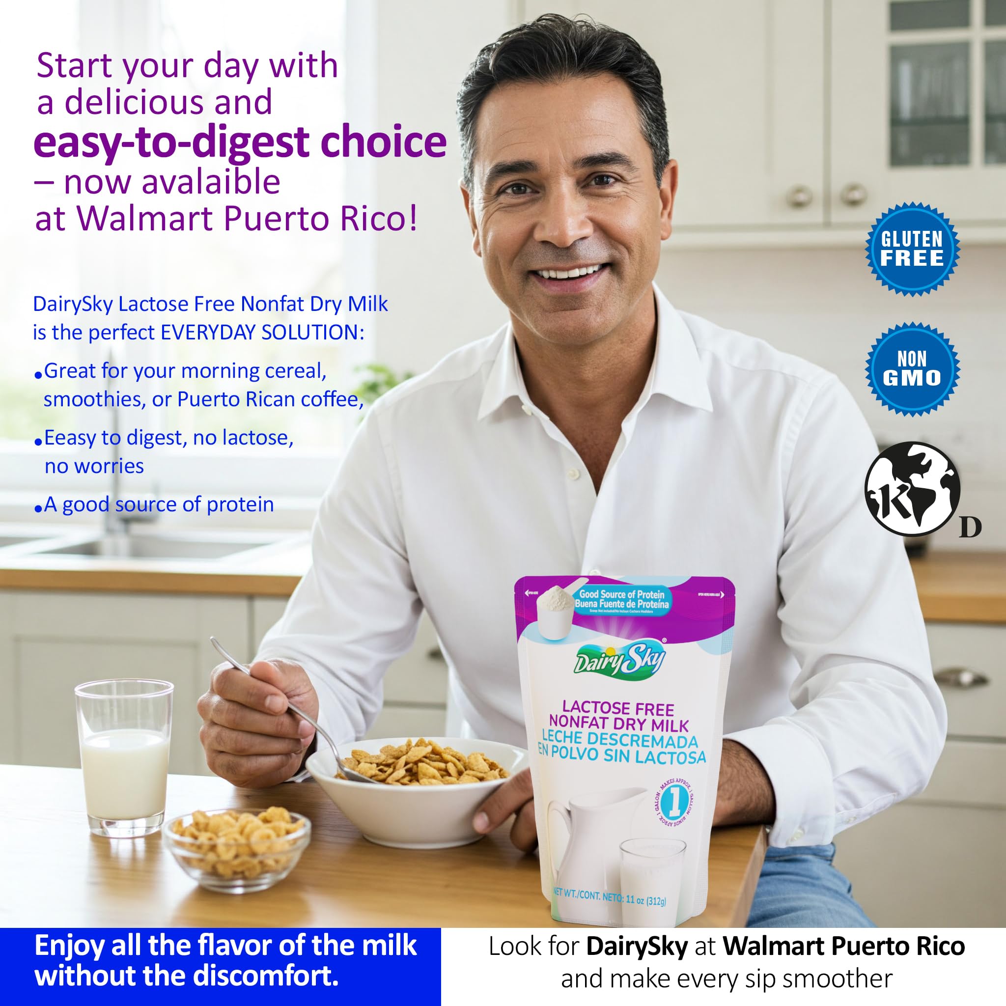 DairySky Lactose Free Milk Powder 11 Oz - Non GMO Fat Free Powdered Milk for Baking & Coffee, Kosher with Protein & Calcium, Great Substitute for Liquid Milk, RBST Hormone - Free - 1 Pack