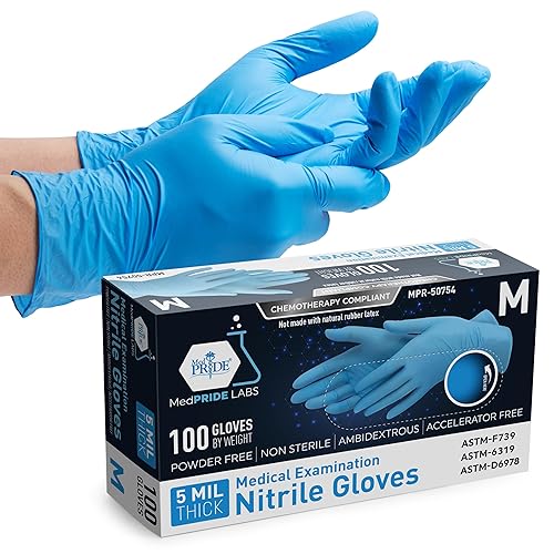 MED PRIDE Blue Nitrile Gloves Medium | Box of 100 Gloves | 5 Mil | Powder-Free, Latex-Free, Exam Grade | Medical, Lab, Food Service, Tattoo, Cleaning