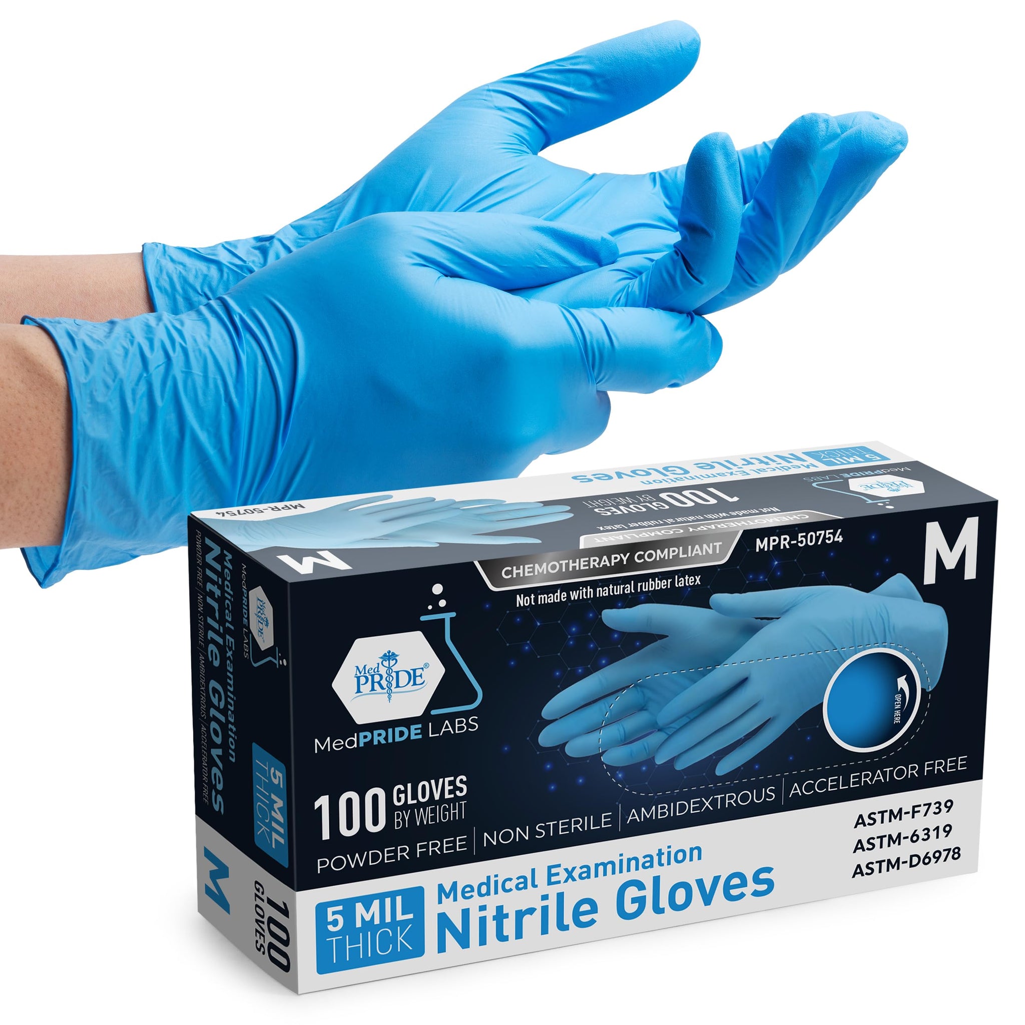 MED PRIDE Blue Nitrile Gloves Medium | Box of 100 Gloves | 5 Mil | Powder-Free, Latex-Free, Exam Grade | Medical, Lab, Food Service, Tattoo, Cleaning