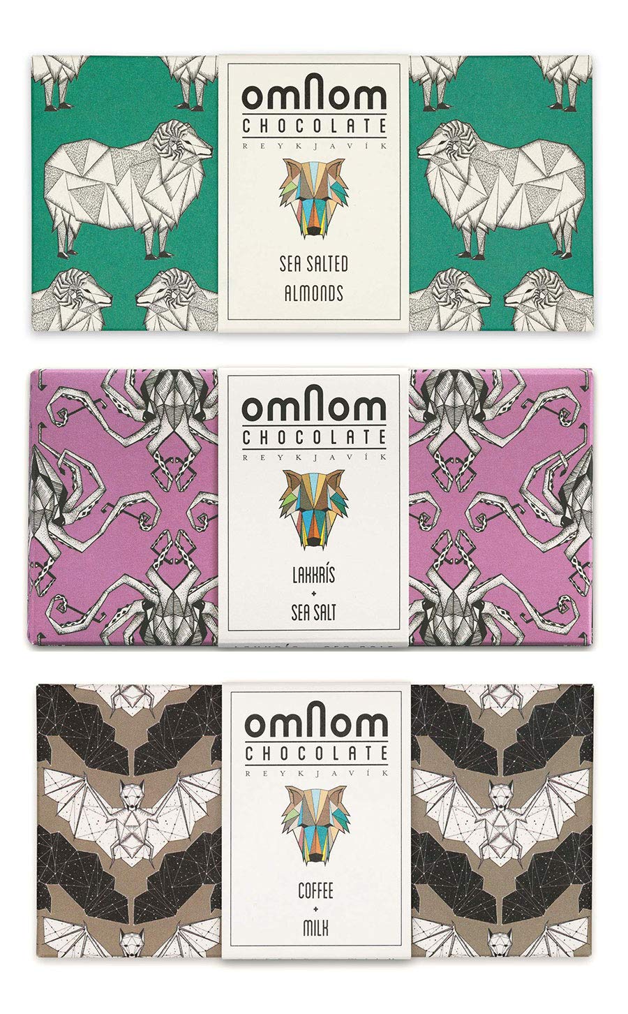 OmNom Chocolate Bars Inclusion Trio | Sea Salted Almond, Lakkkris + Sea Salt, Coffee + Milk | Icelandic Bean To Bar Chocolate by OMNOM CHOCOLATE