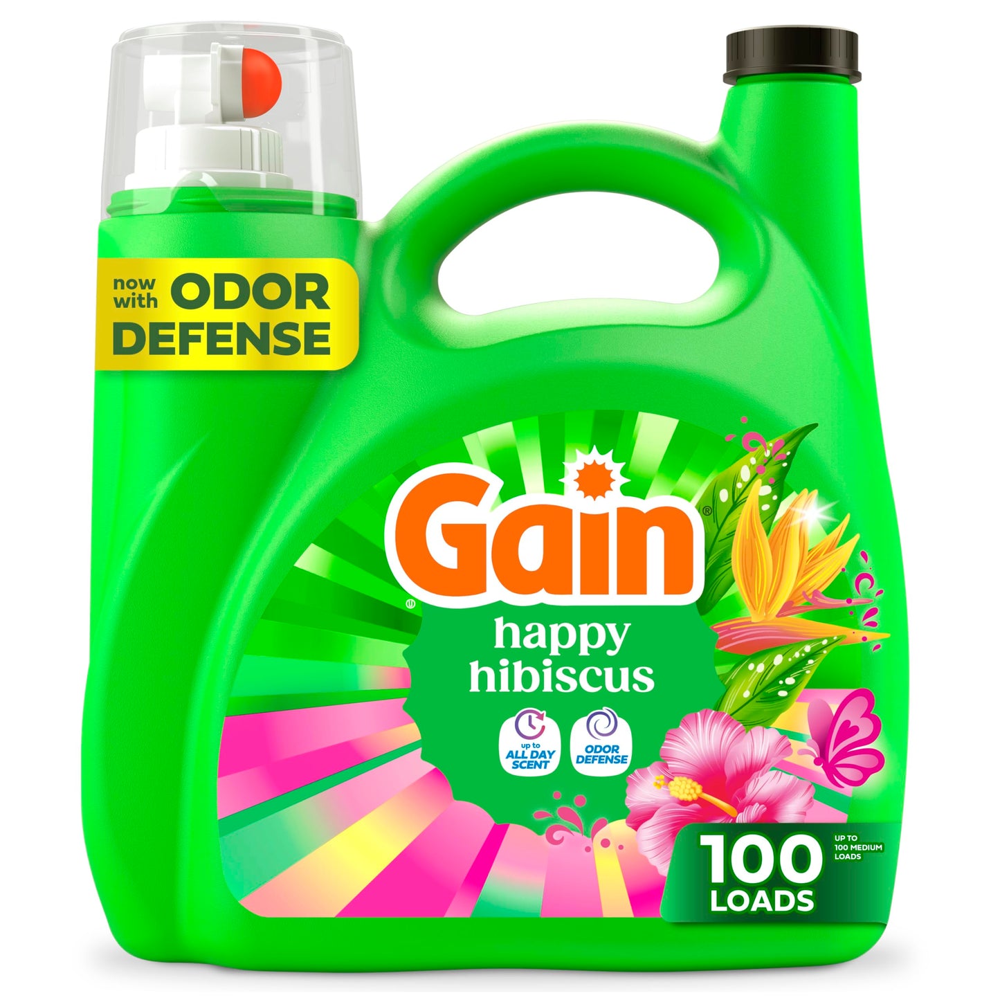 Gain Liquid Laundry Detergent, With Odor Defense, Happy Hibiscus Scent, Laundry Soap For HE Washing Machines, 132 fl oz, 100 Loads (Packaging May