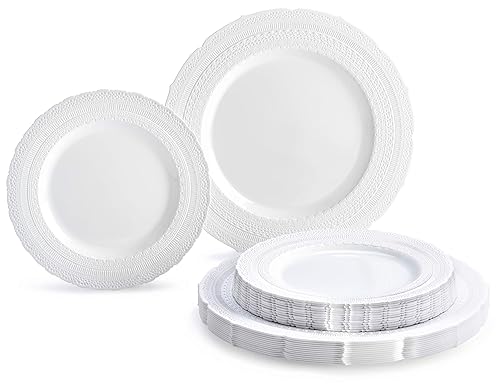 OCCASIONS 50 Fancy Disposable Plastic Plates for 25 Guests - Heavy Duty Wedding Party Dinnerware Set, 25x 11" Dinner +25x 8.25" Salad/Dessert, Looks