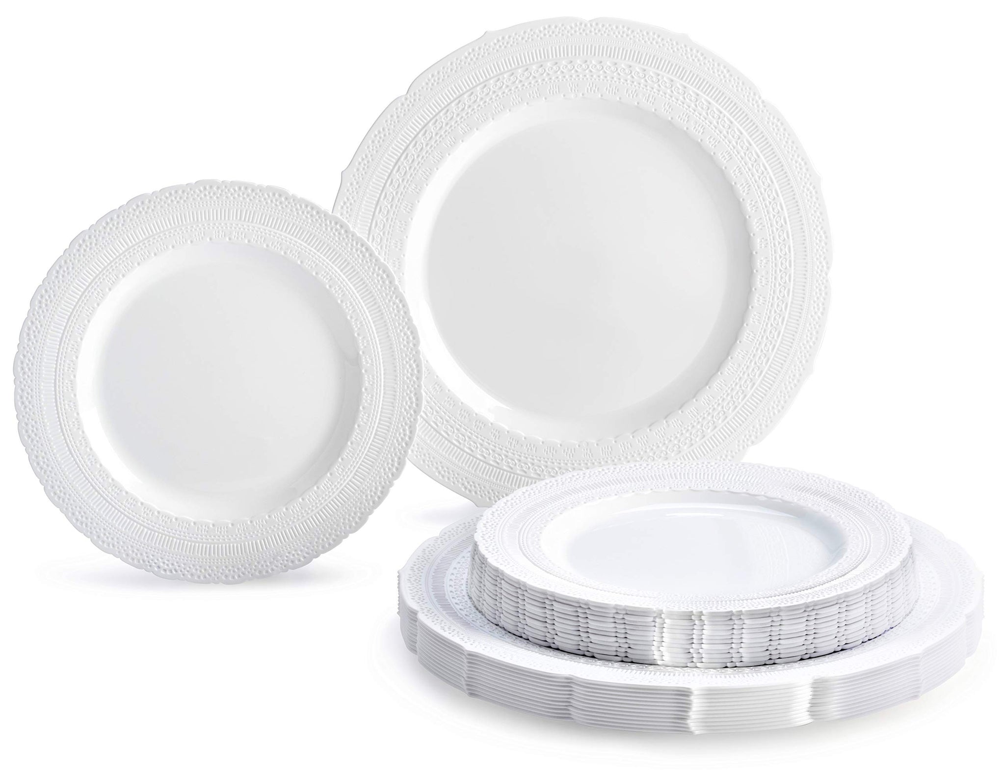 OCCASIONS 50 Fancy Disposable Plastic Plates for 25 Guests - Heavy Duty Wedding Party Dinnerware Set, 25x 11" Dinner +25x 8.25" Salad/Dessert, Looks