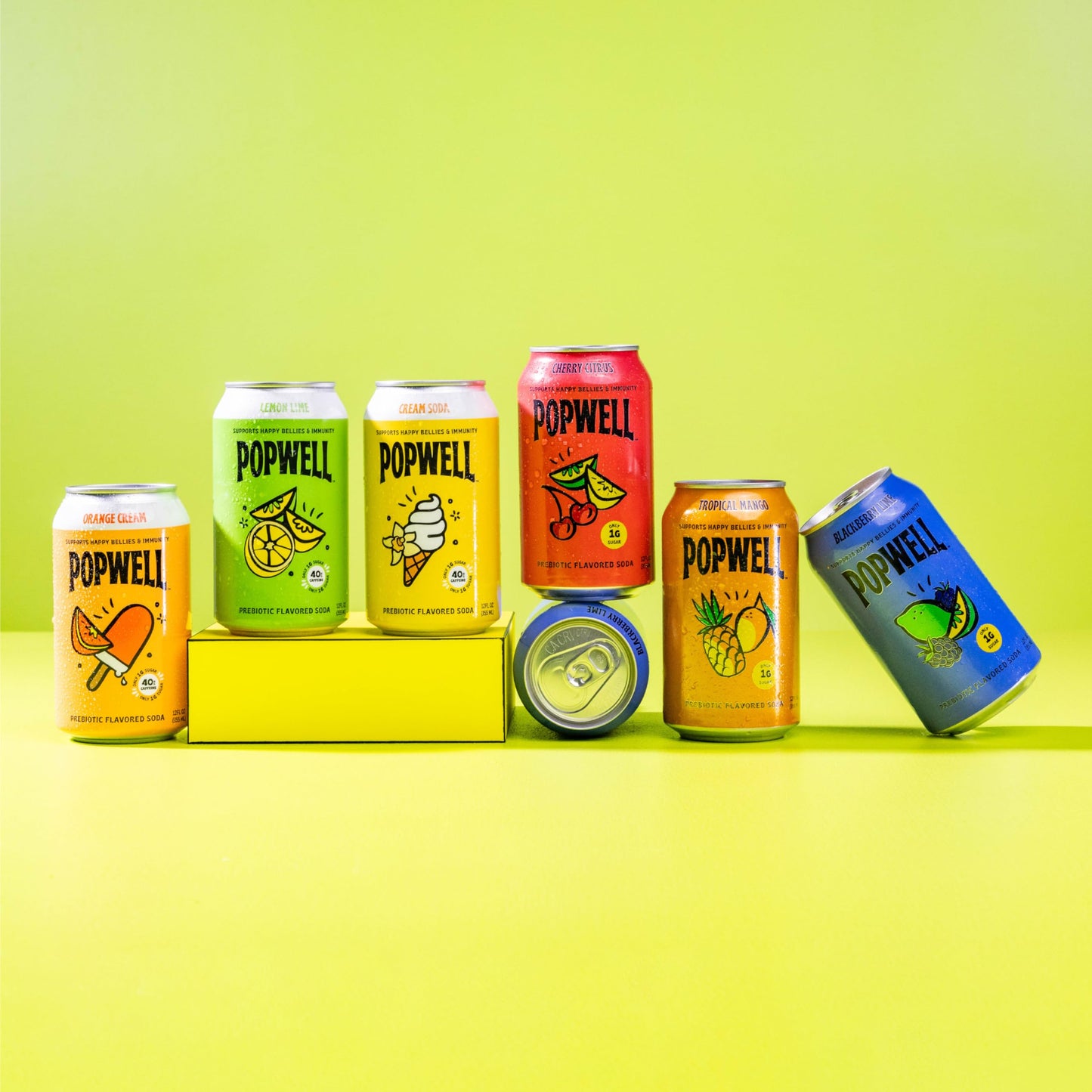 Popwell Tropical Mango Better-For-You Prebiotic Soda, with 6g Fiber, 1g Sugar, Vitamins and Immunity Support, 12 fl oz Cans (pack of 12)