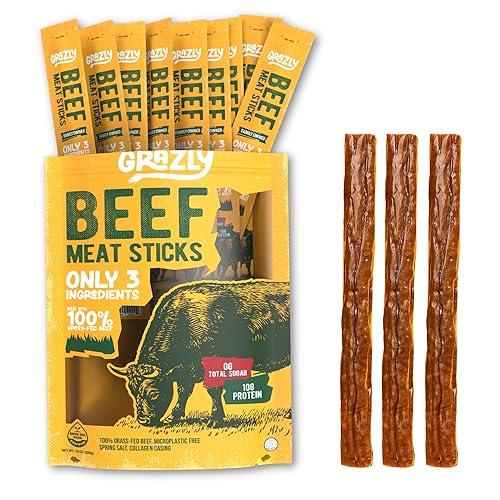 Grazly Grass-Fed Beef Sticks - Made with Only Beef, Spring Salt & Collagen Casing - Clean, High-Protein Jerky Sticks w/ 10g Protein Per Stick (1 oz