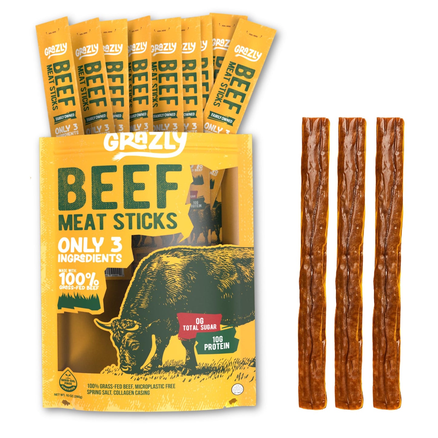 Grazly Grass-Fed Beef Sticks - Made with Only Beef, Spring Salt & Collagen Casing - Clean, High-Protein Jerky Sticks w/ 10g Protein Per Stick (1 oz