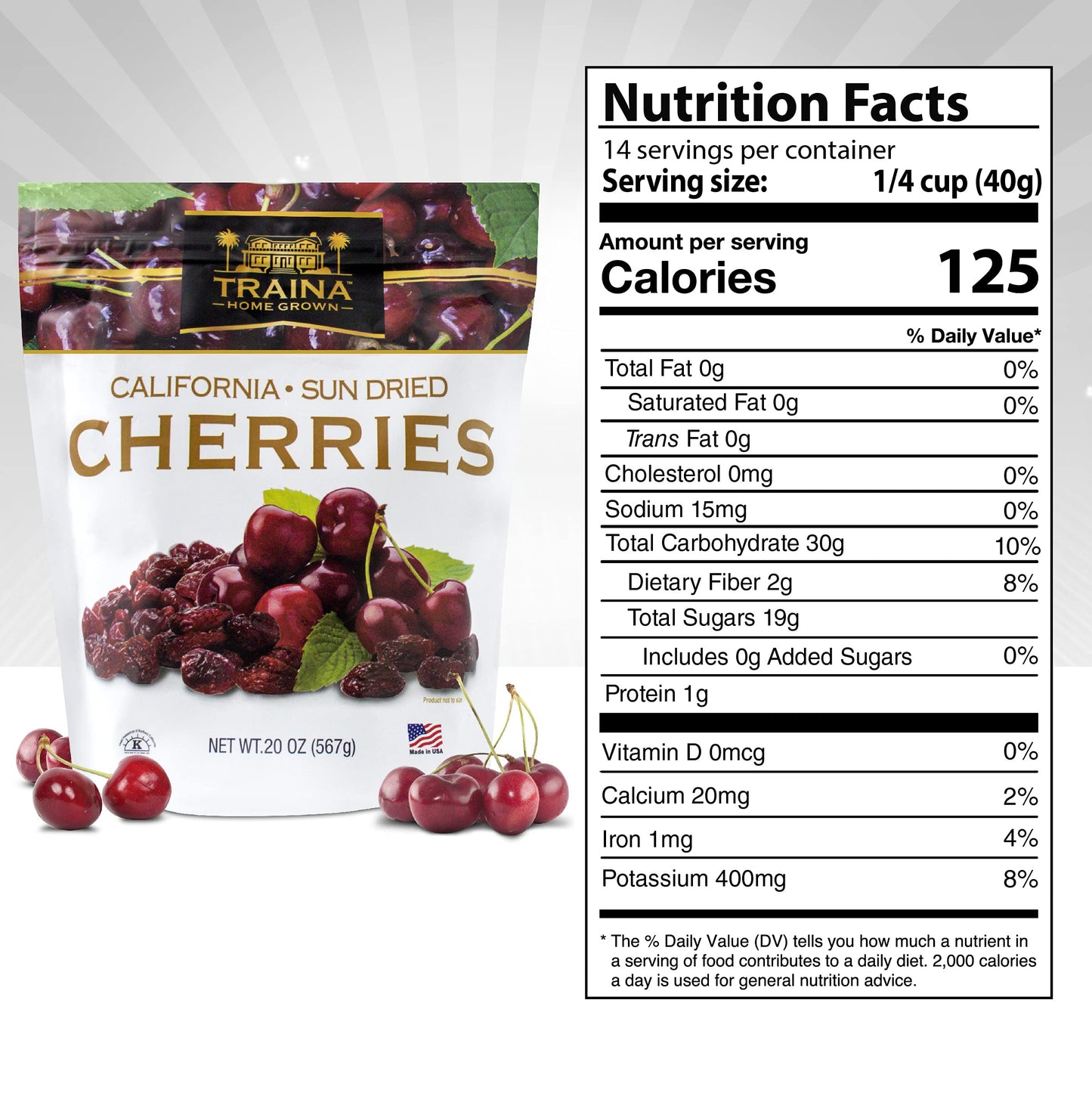 Traina Home Grown California Sun Dried Bing Cherries - Healthy & Non-GMO, Natural Sweet Flavor Fruit No Sugar Added, Perfect Snack In Resealable Pouch