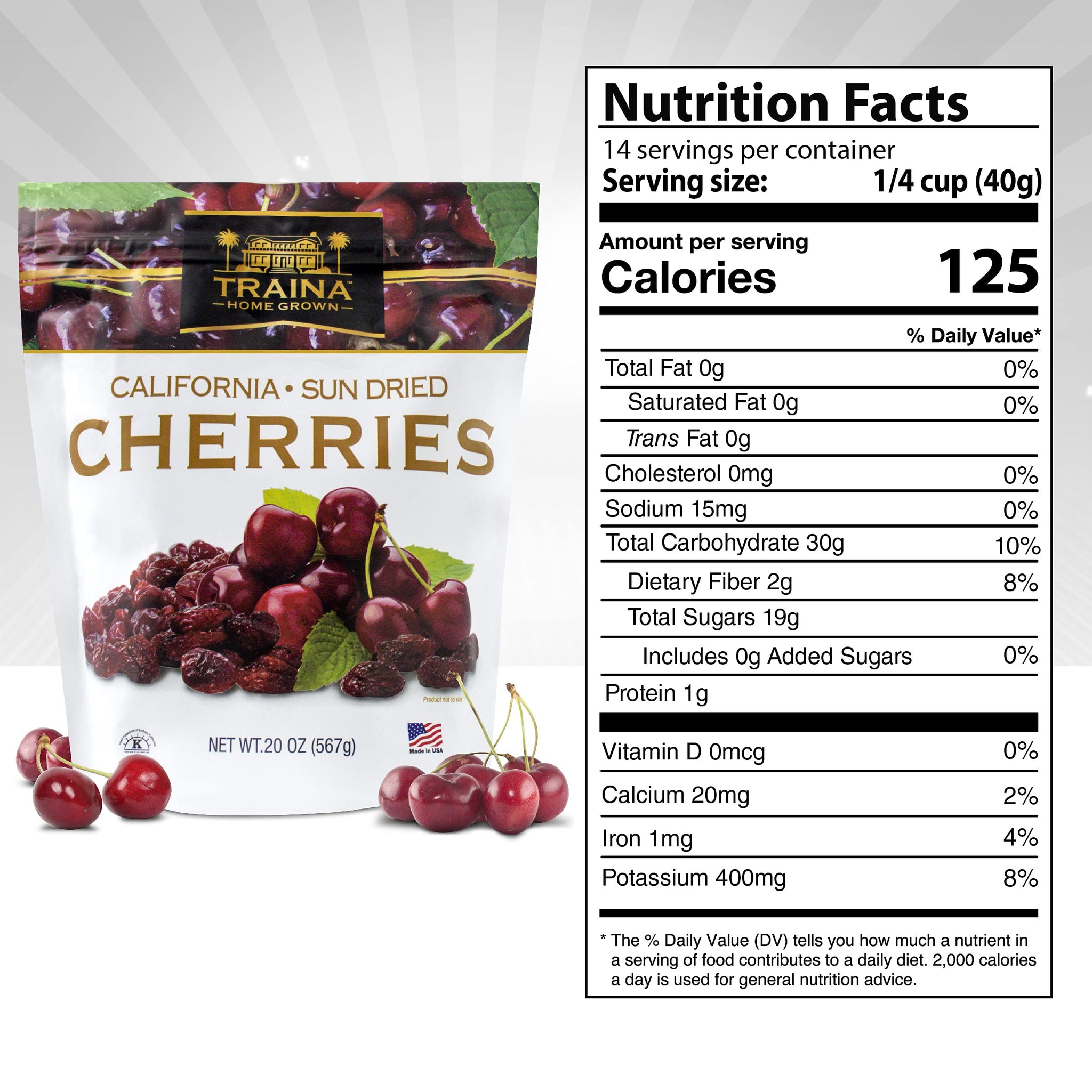 Traina Home Grown California Sun Dried Bing Cherries - Healthy & Non-GMO, Natural Sweet Flavor Fruit No Sugar Added, Perfect Snack In Resealable Pouch