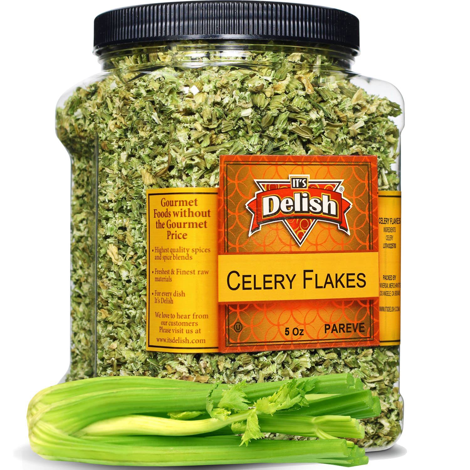 Dried Celery Flakes by It's Delish, 5 OZ Jumbo Reusable Container | Dehydrated Food and Dried Vegetables for Soup, Stew, Rice, Great for Kitchen