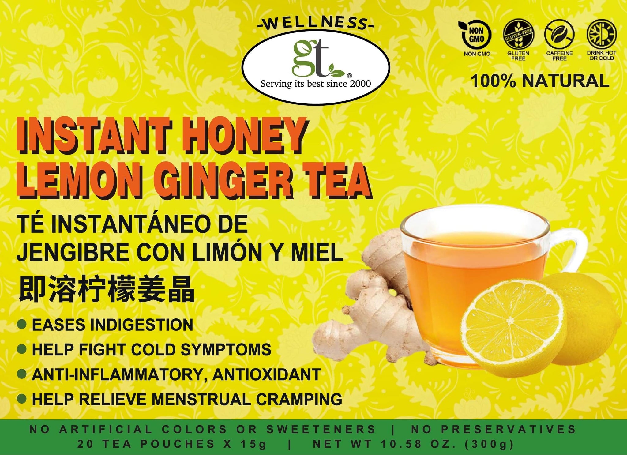 GT Instant Honey Lemon Ginger Tea, 10.58 Ounce Box (20 Tea Pouches)
