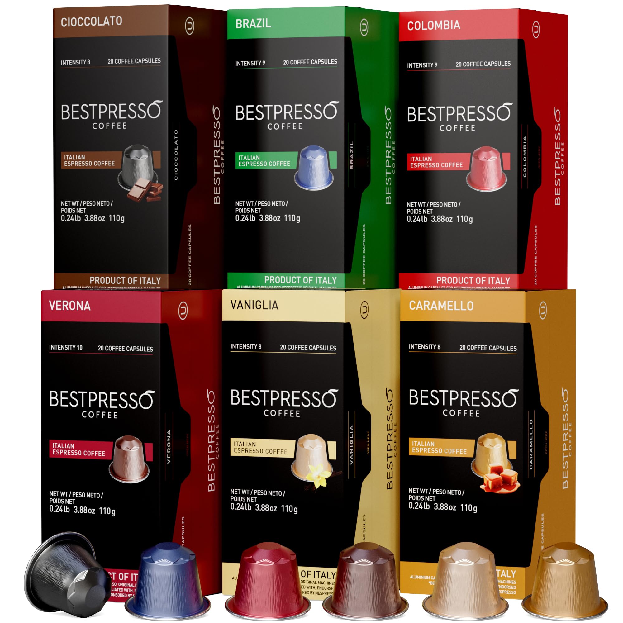 Bestpresso Coffee for Nespresso Original Machine 120 Aluminum pods Certified Genuine Espresso Variety Pack mix Flavored and Dark roast, Pods