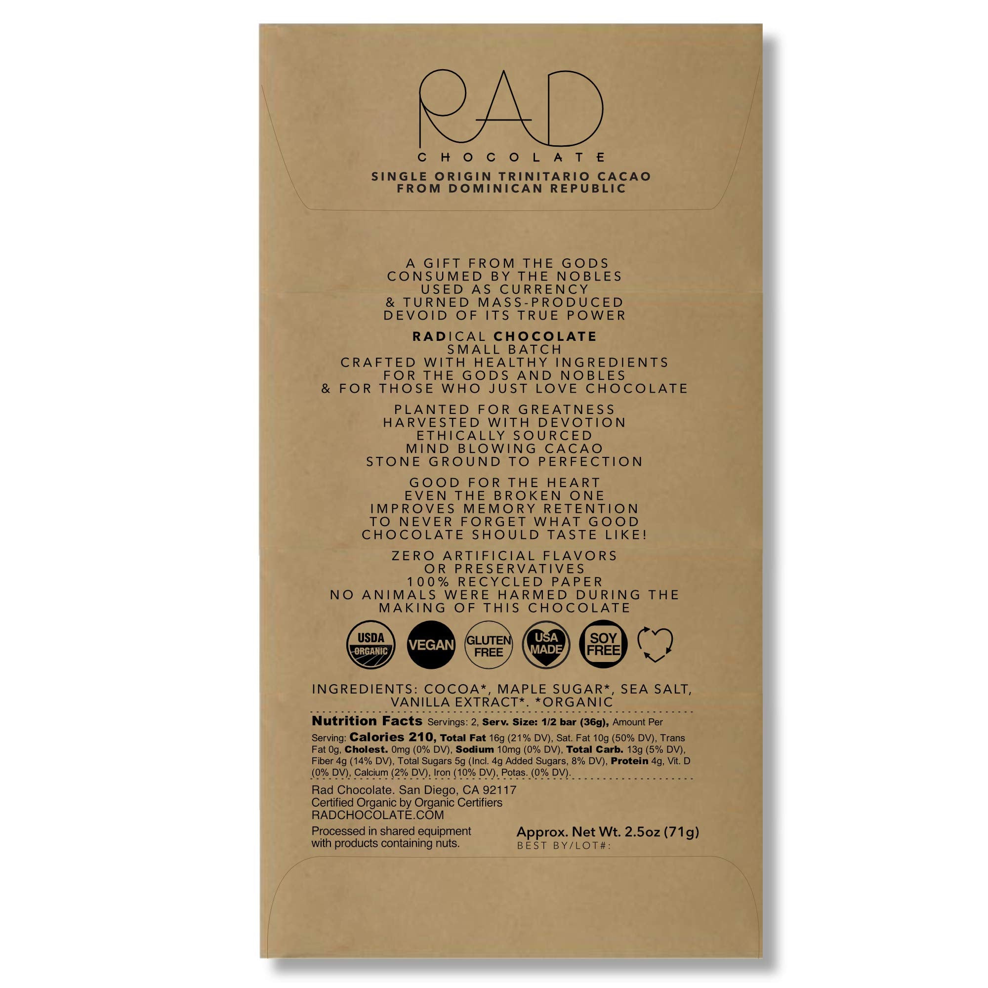 Rad Chocolate Vegan 85% Cacao Sea Salt Chocolate Maple Sugar | 3 pack | Certified Organic | Gluten & Soy Free Chocolate | Paleo Friendly