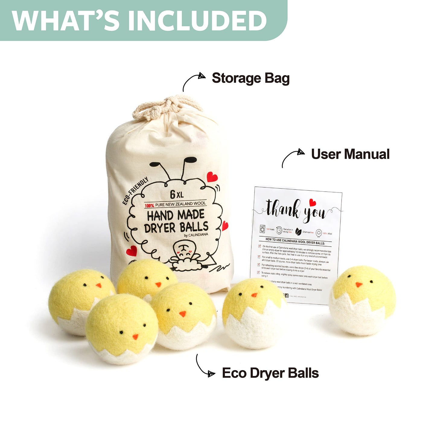 Calindiana 100% Organic Premium New Zealand Wool Dryer Balls Laundry Reusable Fabric Softener, Cute Dryer Sheets Alternative, Anti Static XL Size 6