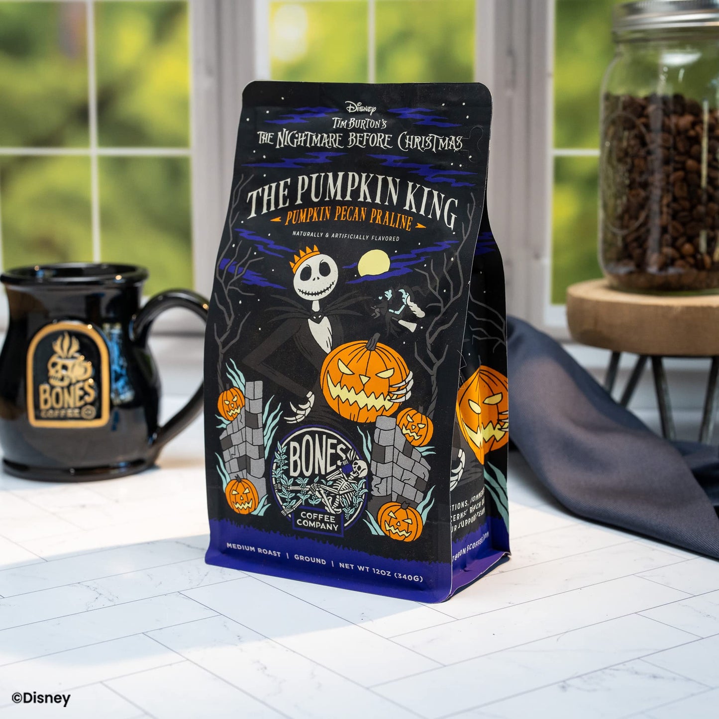 Bones Coffee Company The Nightmare Before Christmas Pumpkin King Flavored Coffee Beans, Medium Roast Ground Coffee Low Acid, Pumpkin Pecan Praline