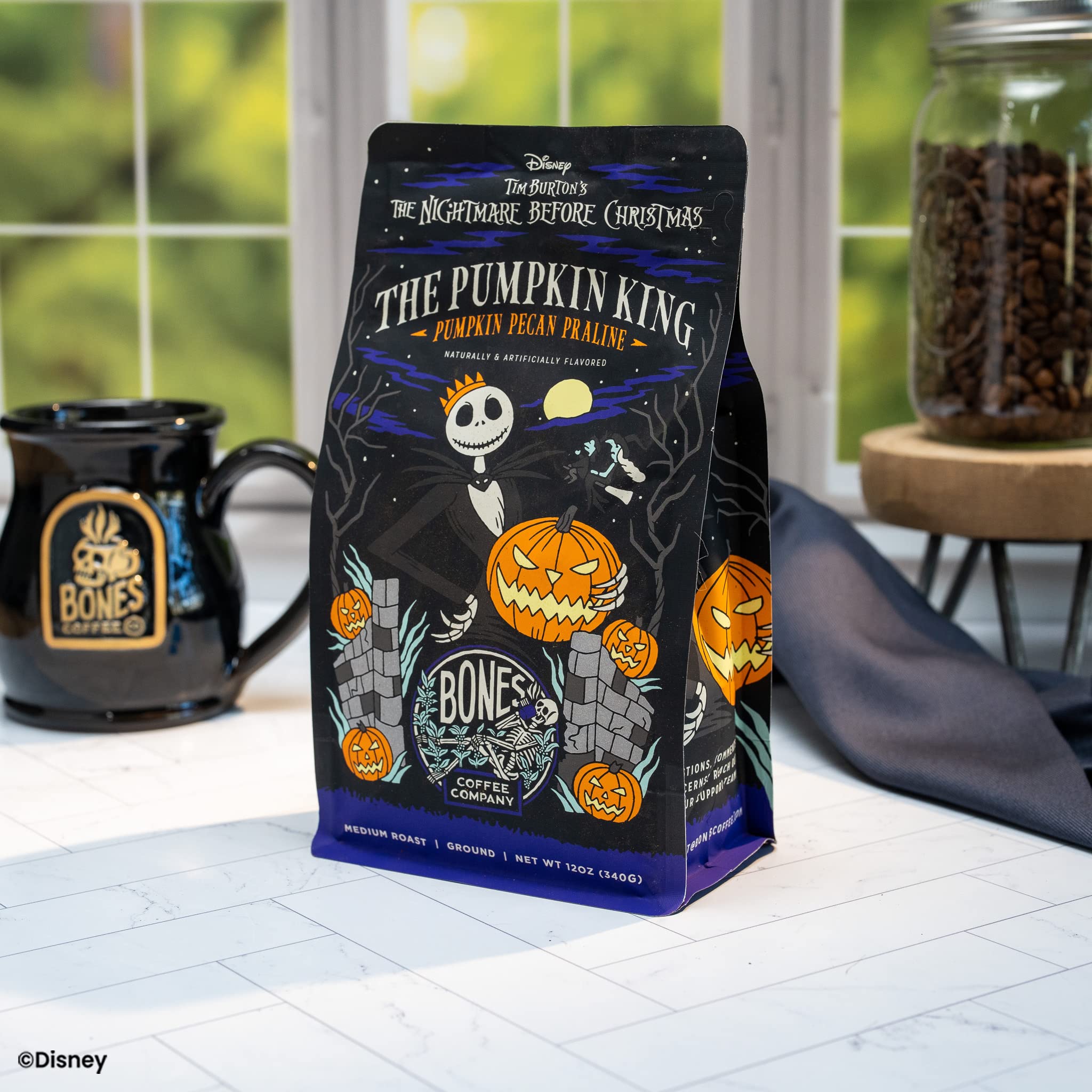 Bones Coffee Company The Nightmare Before Christmas Pumpkin King Flavored Coffee Beans, Whole Bean Coffee Medium Roast Low Acid, Pumpkin Pecan Praline