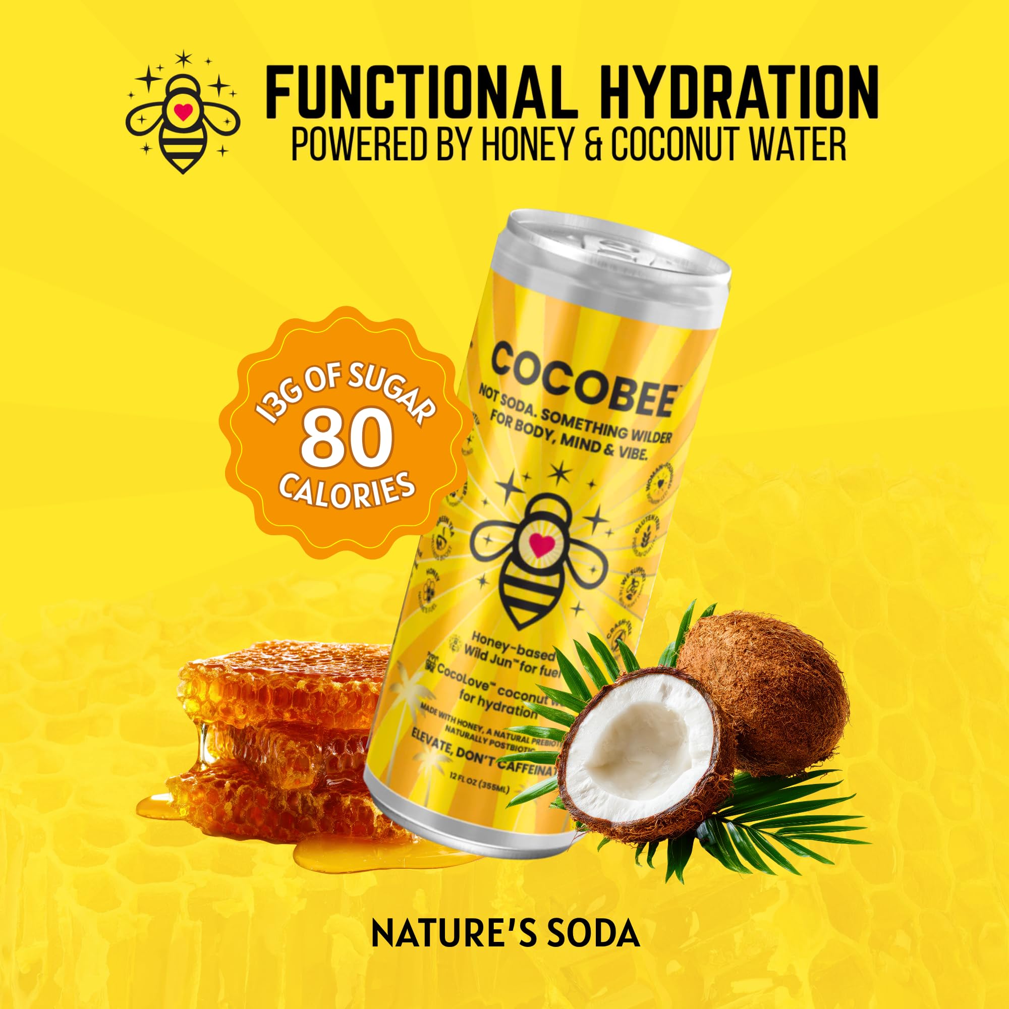 CocoBee Coconut Hydration + Energy Drink from Wild Tonic, 12 oz Each, 4 Pack, Made with Coconut Water, Organic Honey & Green Tea, Microbiome Support
