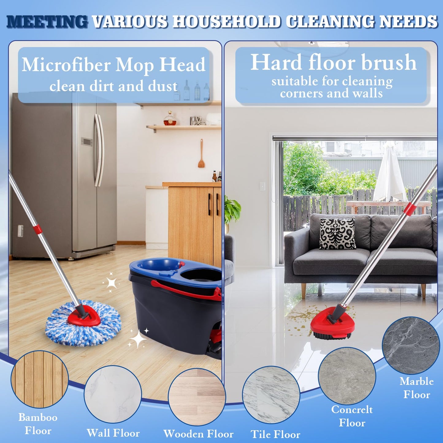 4 Packs Spin Mop Replacement Heads Compatible with Ocedar RinseClean 2-Tank System, 30-58" Mop Handle,Mop Scrub Brush and Base Combo Set,Mopping
