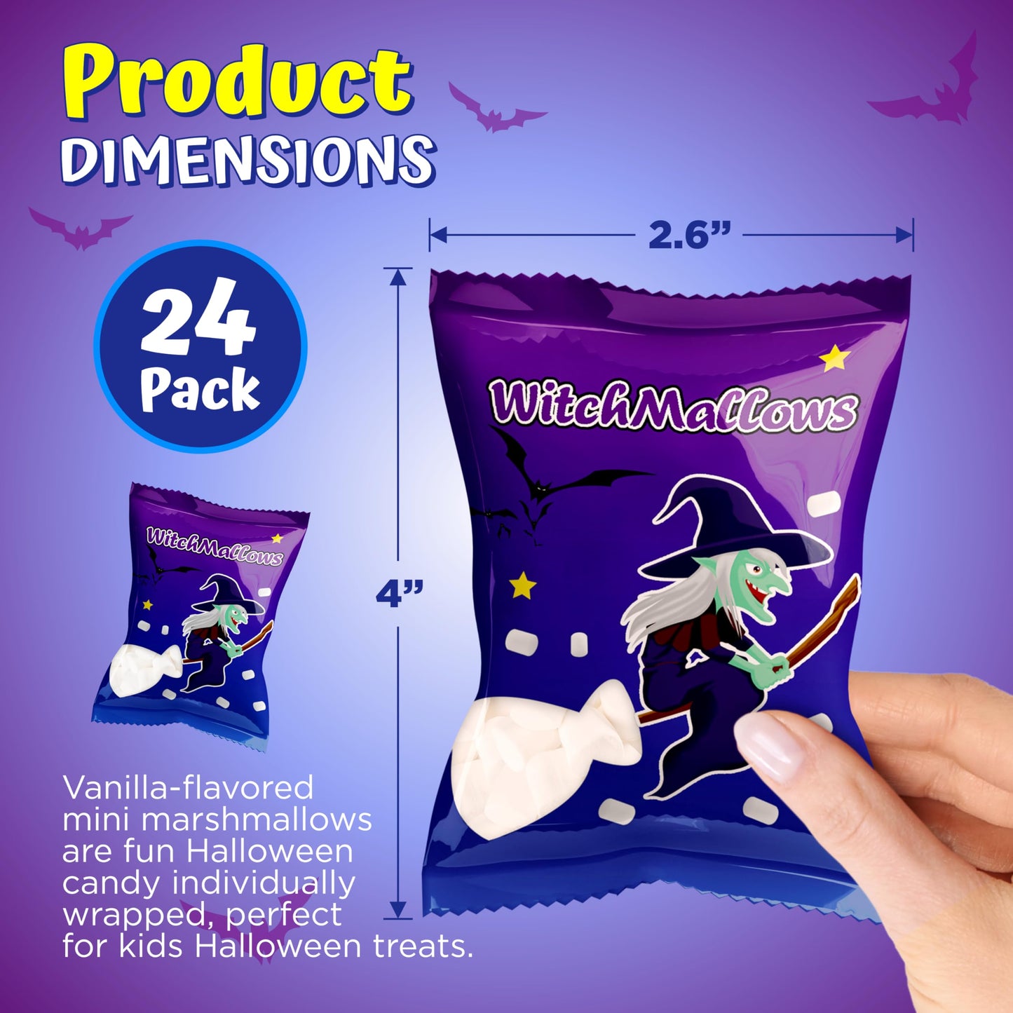 4E's Novelty 24 Pack Halloween Mini Marshmallows Indvidually Wrapped Vanilla Flavor - Halloweens Candy for Kids in Bulk, Snacks for Trick or Treat, 17