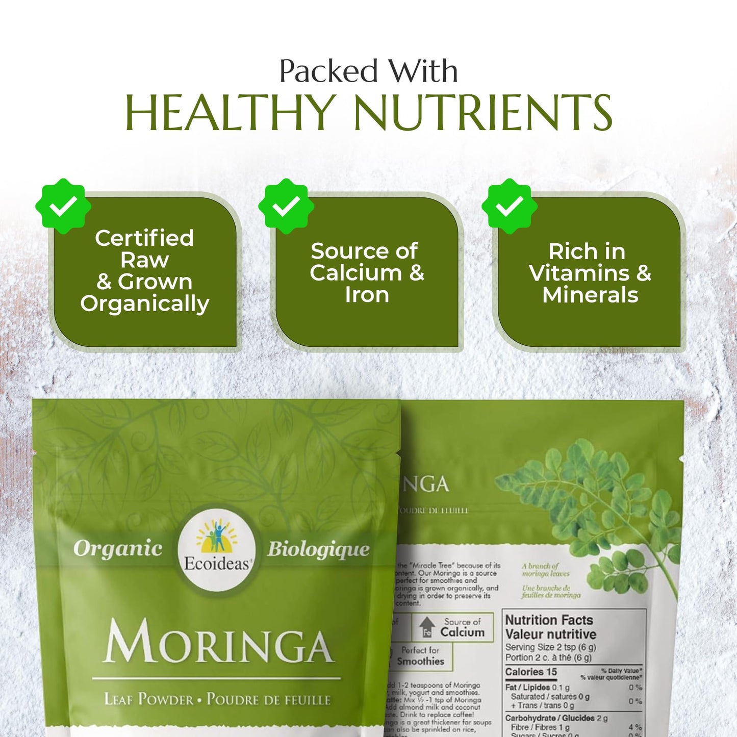 Ecoideas Org. Moringa Powder, 8 OZ Bag - Certified Organic, Kosher, Vegan, Gluten-free, Non-GMO, and RAW CRU