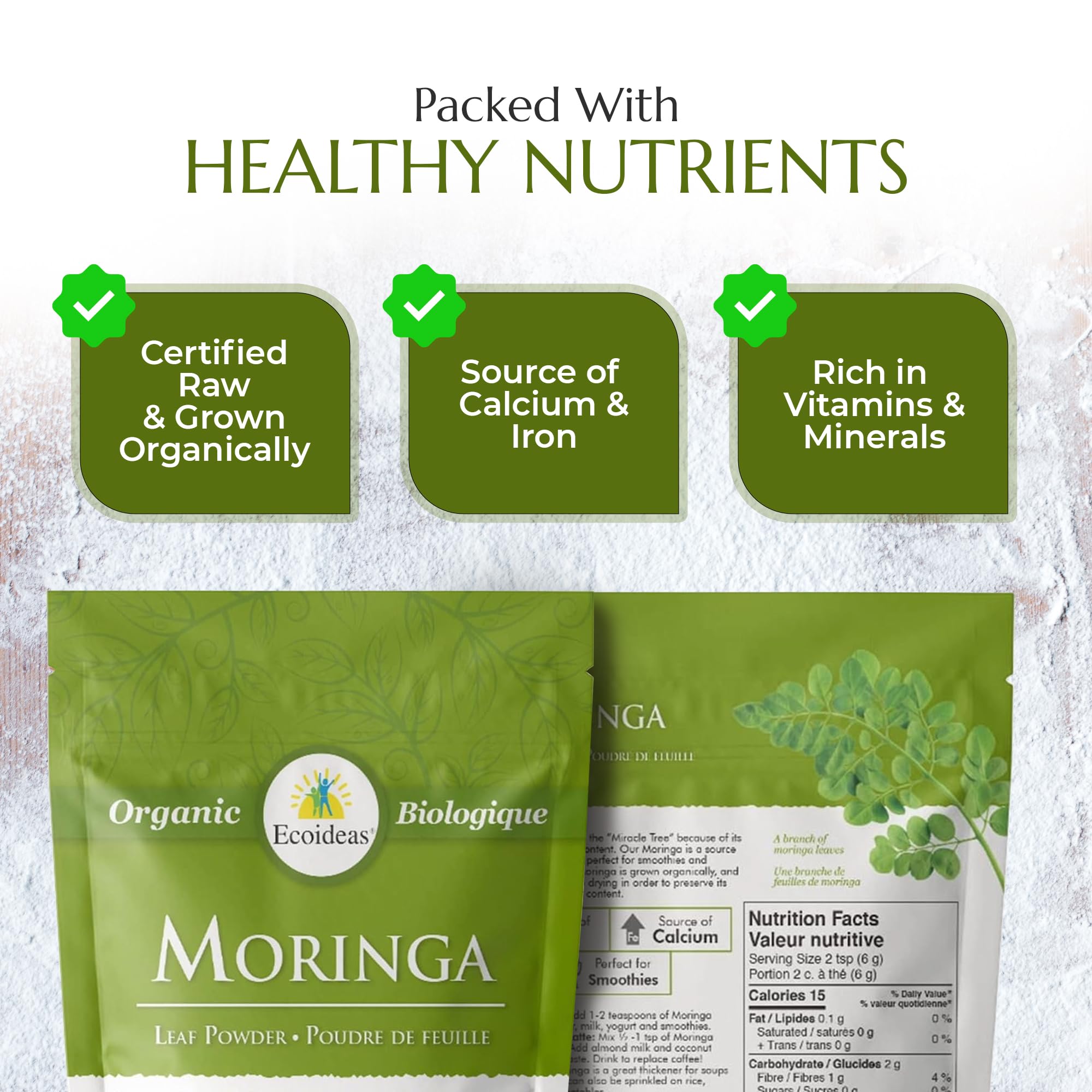 Ecoideas Org. Moringa Powder, 8 OZ Bag - Certified Organic, Kosher, Vegan, Gluten-free, Non-GMO, and RAW CRU