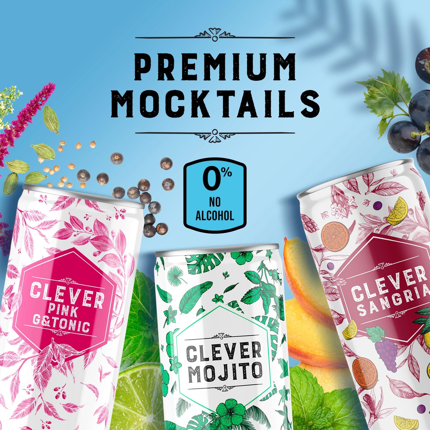 CLEVER - Nonalcoholic Mocktails Mix Pack, 3 Mocktails Non-alcoholic Drinks: Mojito, Sangria & Pink G & Tonic, Low-Calorie All-Occasion Refreshing