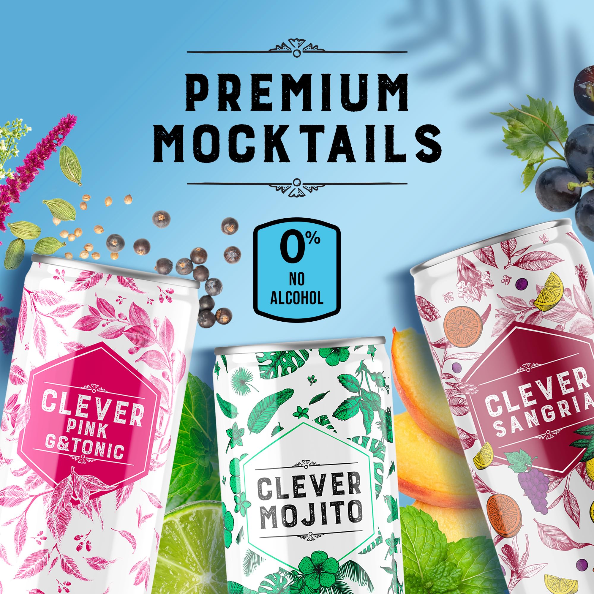 CLEVER - Nonalcoholic Mocktails Mix Pack, 3 Mocktails Non-alcoholic Drinks: Mojito, Sangria & Pink G & Tonic, Low-Calorie All-Occasion Refreshing