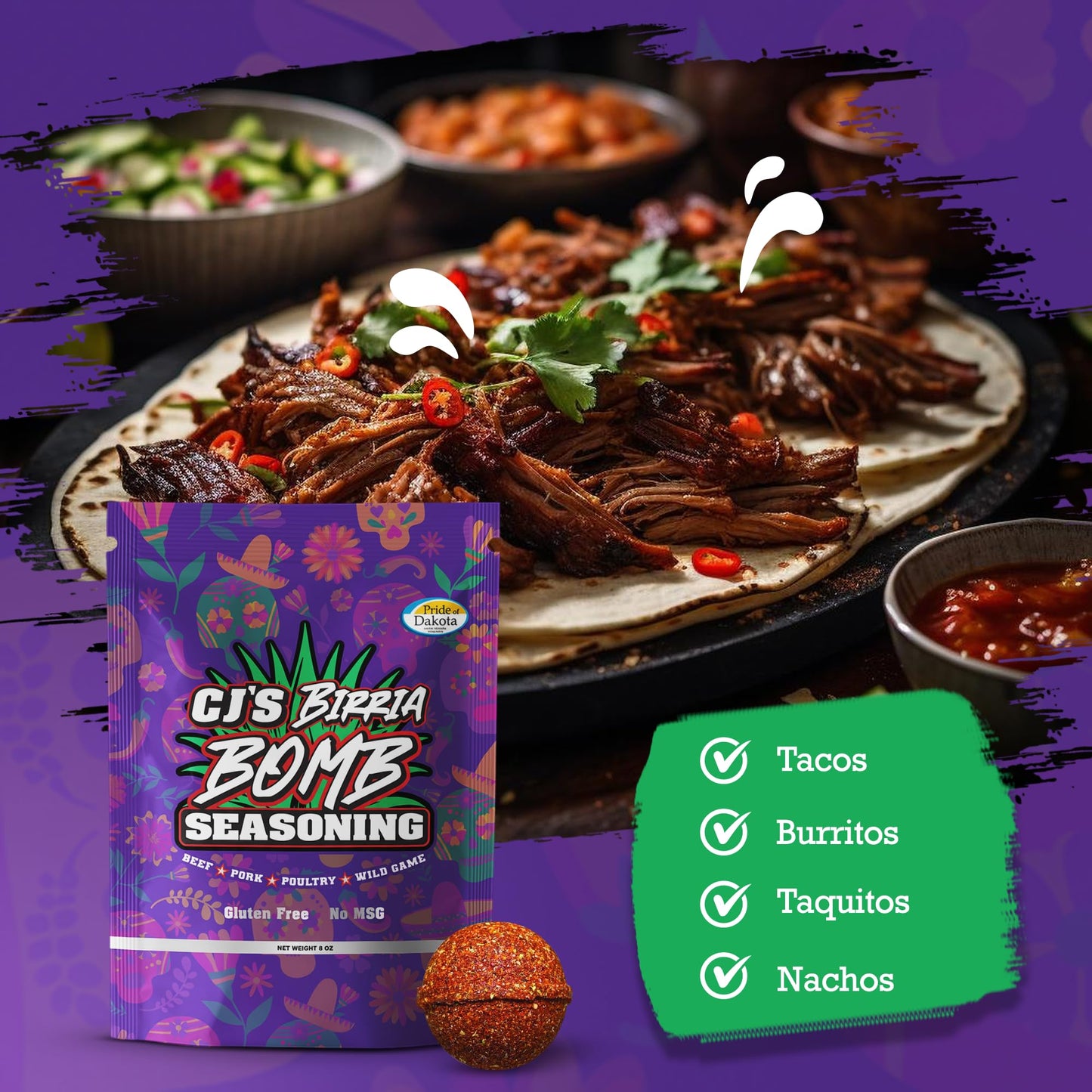 CJ’s Birria Bomb Seasoning - 2 Bombs in 8 oz Pack, MSG-Free | Authentic Mexican Spice Mix with Real Chiles & Herbs | Perfect for Birria Tacos, Ramen