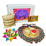 LoveNspire Bhai Dooj Gift Hamper for Brother Premium Gift Box with Haldi Kumkum Holder Roli Chawal Rakhi Lotus Brass Diya Chocolates Bhaidooj Gifts