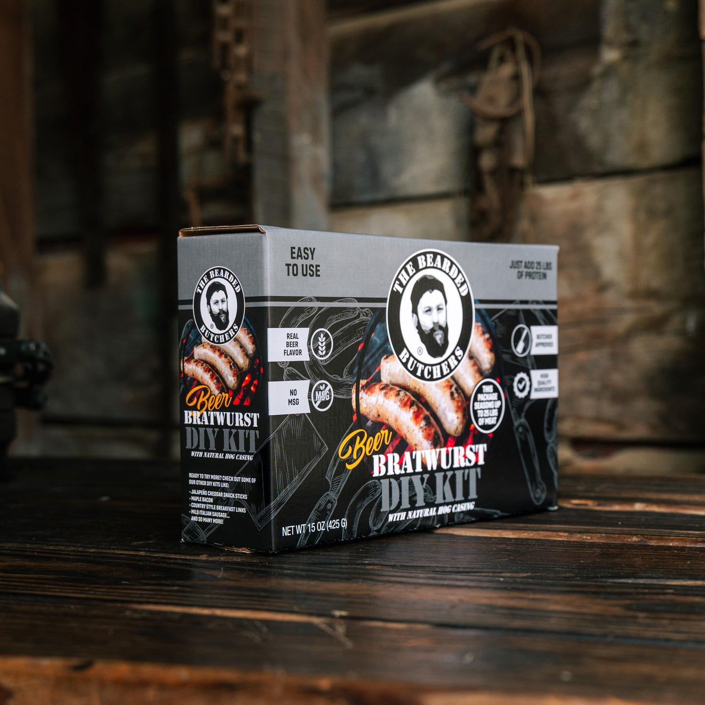 Bearded Butchers Beer Bratwurst DIY Kit - Rich & Flavorful Brats - Includes Seasoning & 32mm-35mm Natural Hog Casings - Add Beer for Extra Flavor