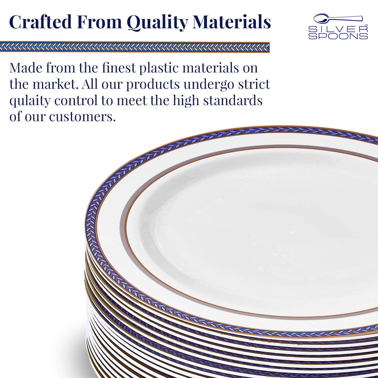 SILVER SPOONS DISPOSABLE SALAD PLATES | 20 pc | Heavy Duty Plastic Dishes | Elegant Fine China Look | Renaissance - Royal Blue (9”)