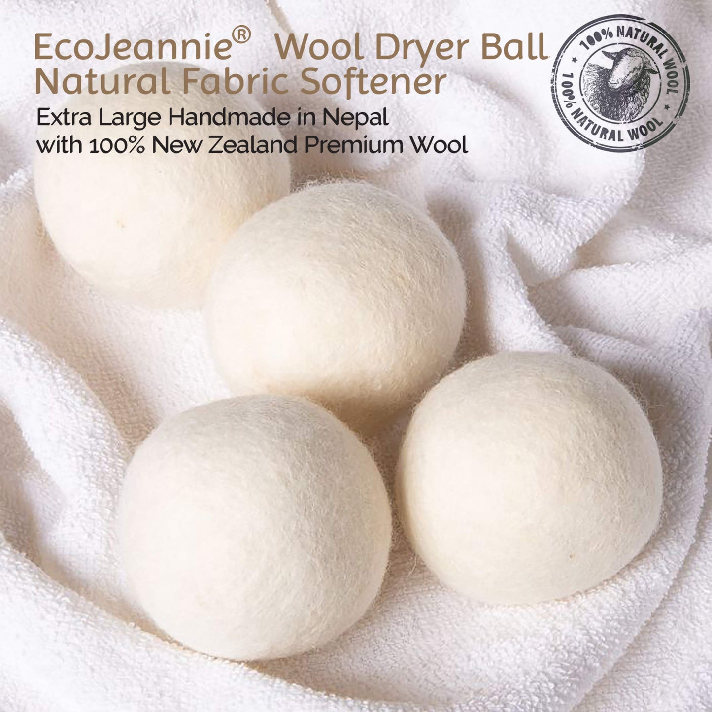 EcoJeannie (WB0004-4 Pack) Wool Dryer Balls - New and Improved XL Eco-Friendly Natural Unscented Fabric Softener Static Guard - 100% Natural New
