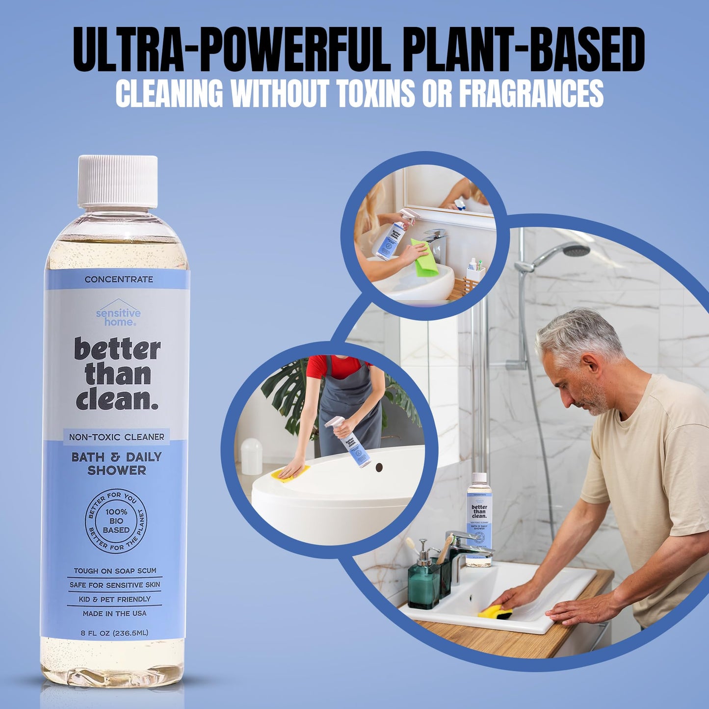 Better Than Clean 3-Pack Concentrates - Fragrance Free Cleaning Products - Plant-Based Cleaners for Bath, Shower, Stone & All Purpose - Non-Toxic, No