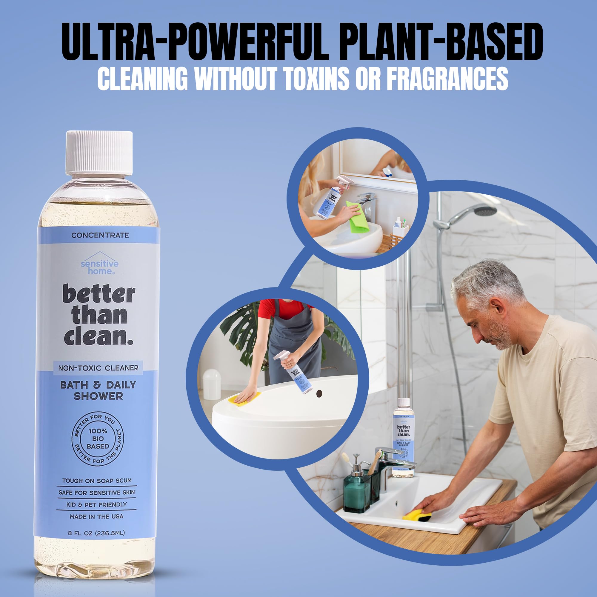 Better Than Clean 3-Pack Concentrates - Fragrance Free Cleaning Products - Plant-Based Cleaners for Bath, Shower, Stone & All Purpose - Non-Toxic, No