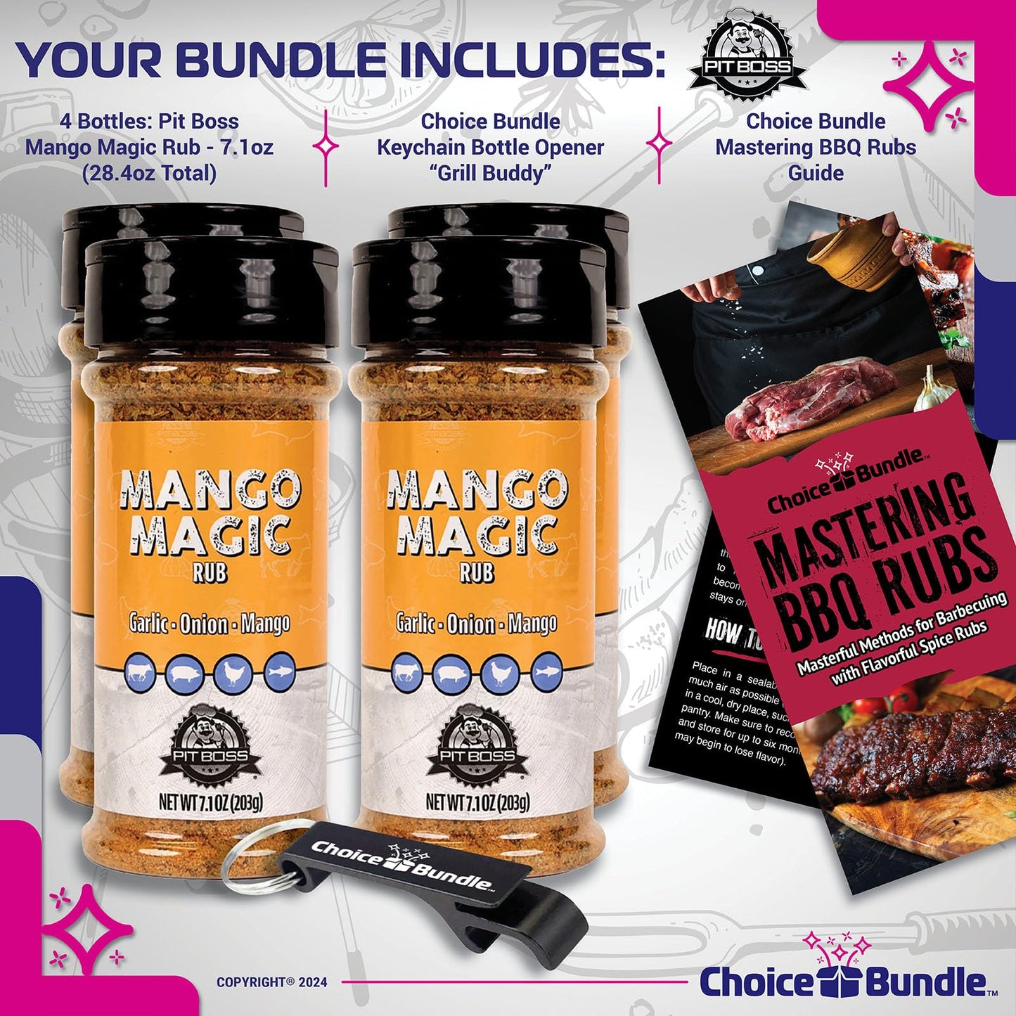 Pit Boss Mango Magic Premium BBQ Barbecue Mixed Seasoning Spice & Dry Rub 4 pk Choice Bundle (28.4 oz) + Guide & Keychain Bottle Opener (6 Items)!