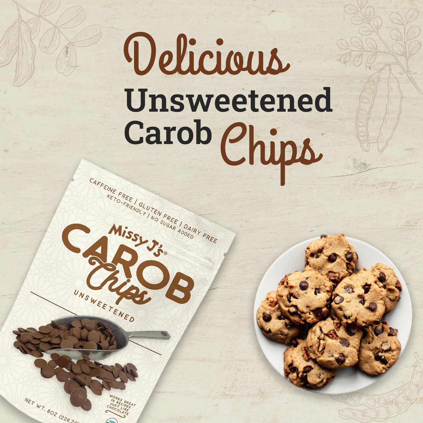 Missy J's organic Unsweetened Carob Chips 8 Oz, Vegan, Gluten and Caffeine Free, Healthy Substitute for Chocolate, Perfect for Snacks and Treats