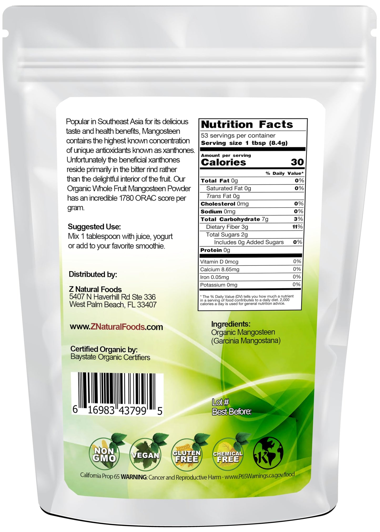 Z Natural Foods Mangosteen Fruit Powder, Nutrition-Packed, Supports Healthy Skin, Joints, and Blood Circulation, Perfect for Juice, Yogurt