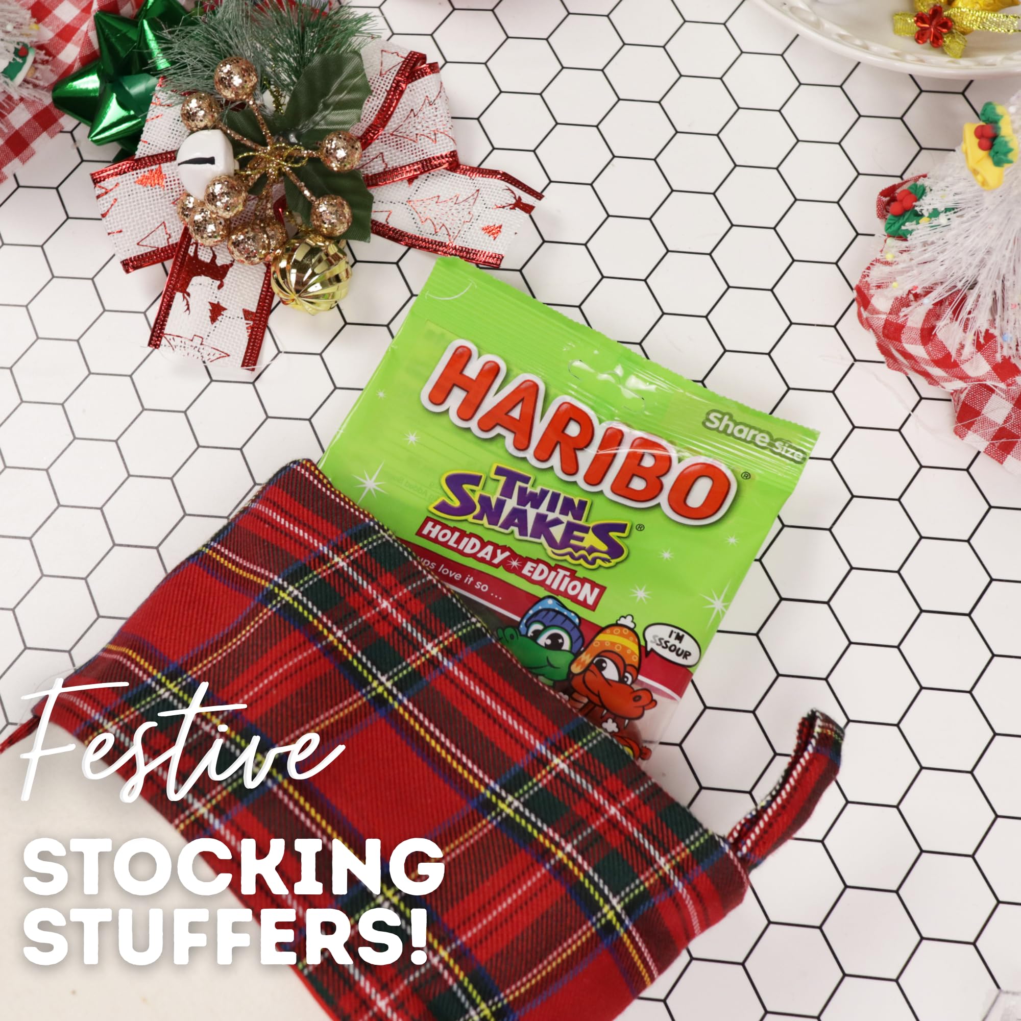 Haribo Holiday Twin Snakes, Sweet and Sour Gummy Candy, Christmas Stocking Stuffer Treats, 4 Ounces (Pack of 3)