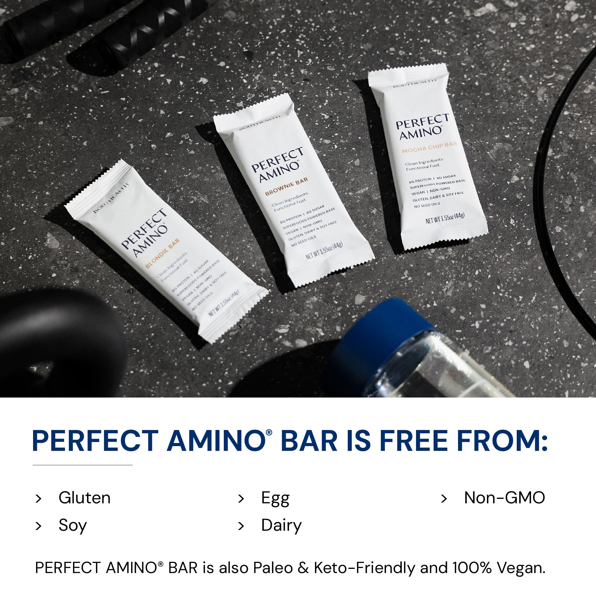 BodyHealth PerfectAmino Bar - Protein Energy Snack with 8g Protein, Plant-Based MCTs, Superfood Blend, Non-GMO, Gluten, Dairy & Soy Free (Brownie, 12